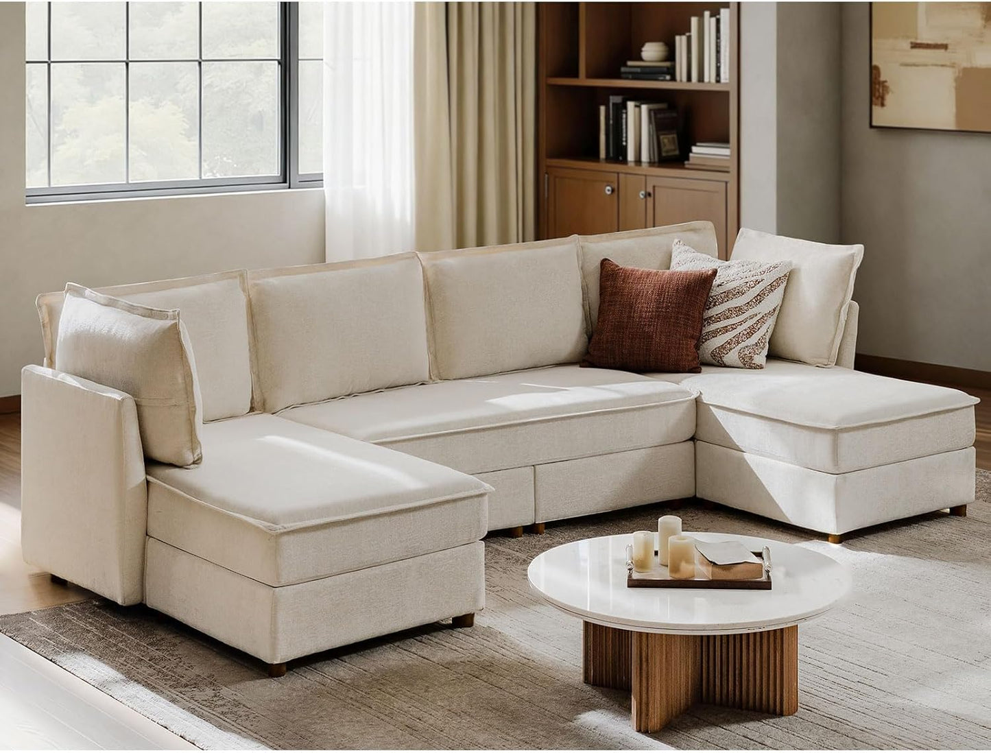 128'' Modular Sectional Sofa with Chaise, Oversized U Shaped Sofa with Hidden Storage Compartment, Comfy Cloud Couch with Extra-Wide Seat, Tool-Free Assembly, Beige