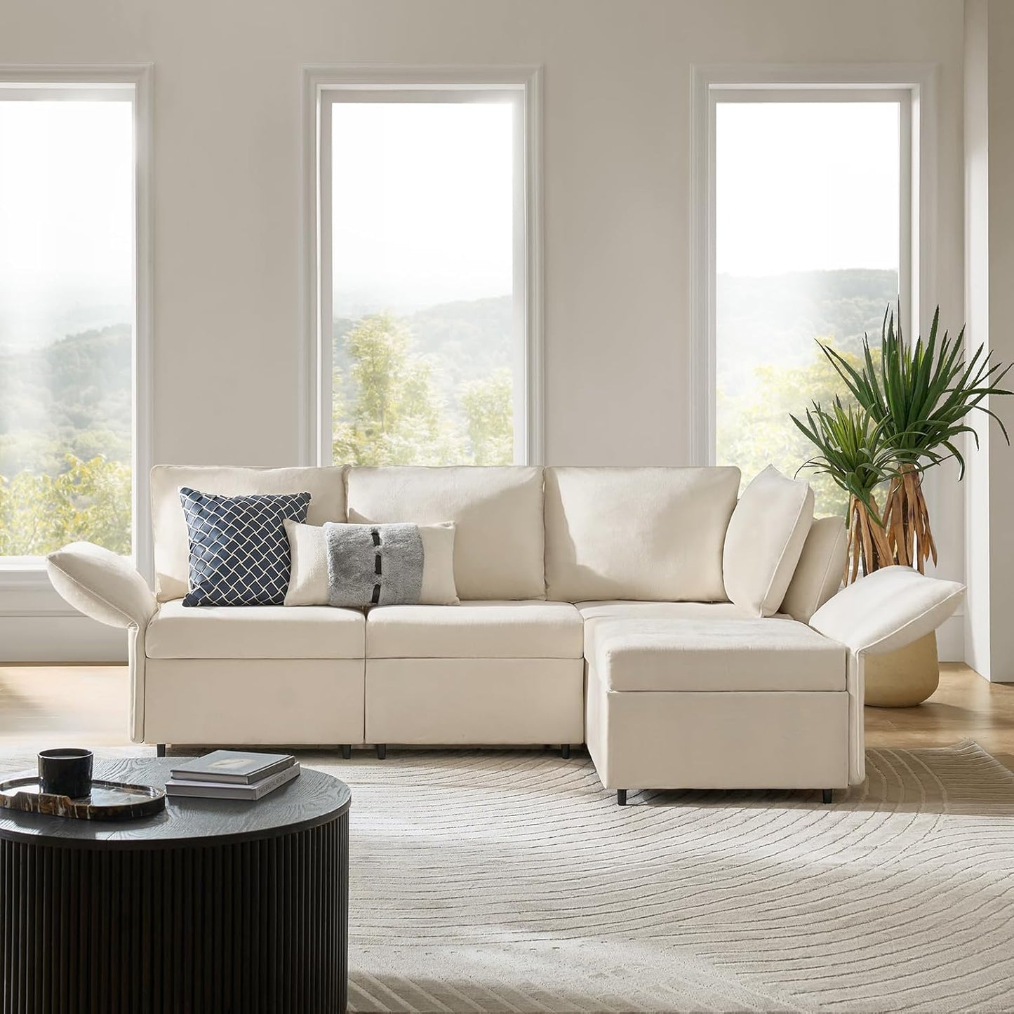 Modular Sectional Sofa with Adjustable Armrest and Backrest, Oversized L Shaped Couch with Storage Ottoman and Deep Seat, 4 Seater Cloud Couch for Living Room Bedroom, Beige