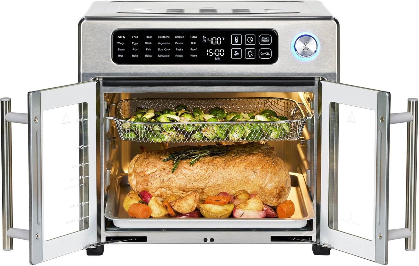 Extra Large French Door Air Fryer Toaster Oven Combo, 24 Cooking Functions and Digital Controls, 7 Accessories Included, Stainless Steel Finish, 26QT Capacity