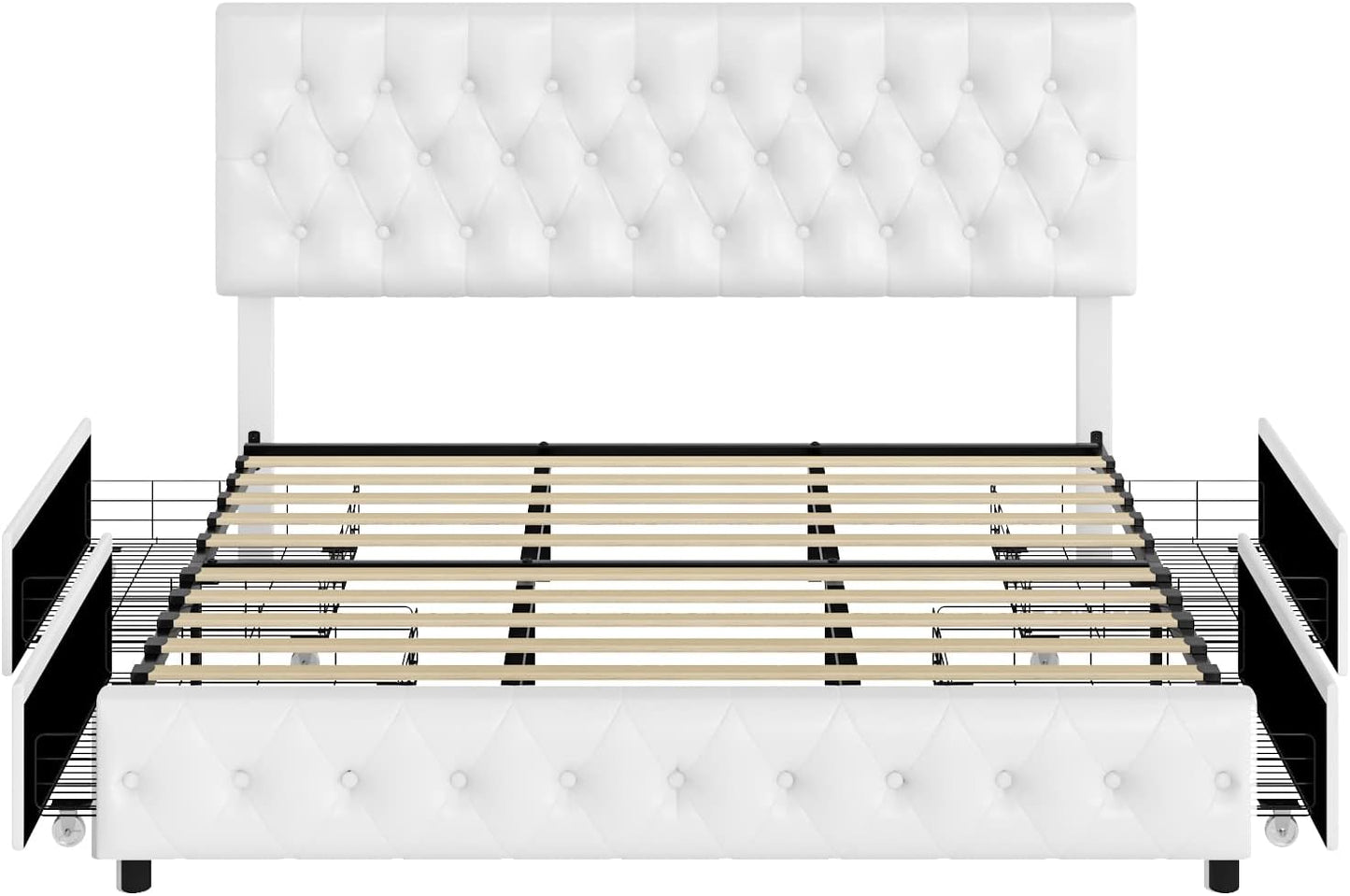 Modern Upholstered Bed Frame with 4 Drawers, Button Tufted Headboard Design, Solid Wooden Slat Support, Easy Assembly, Queen Size, White