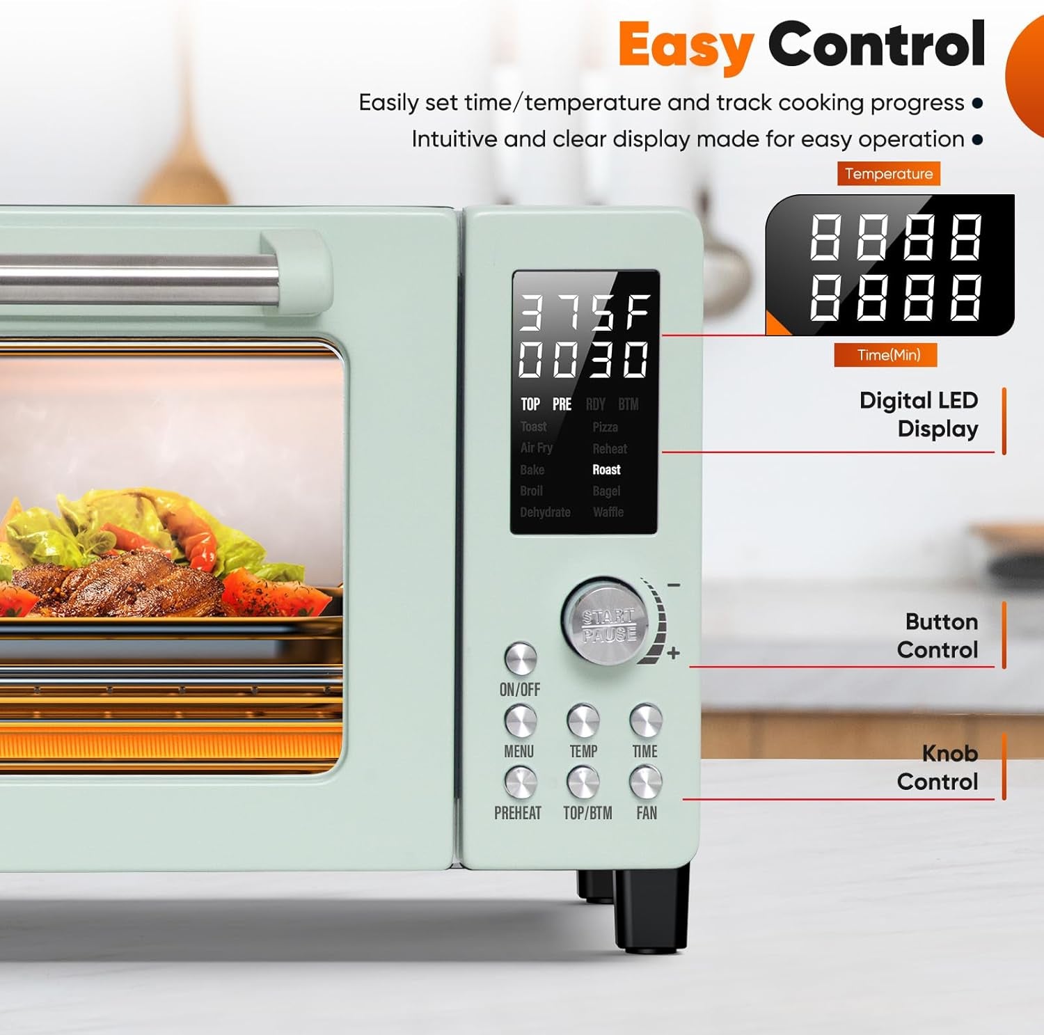 Bravo Pro Smart 21QT Toaster Oven Air Fryer Combo, Convection Oven Countertop, 10 Functions All in 1, with Even & Quick Crisp Technology, 50-450°F, 1800W, Mint Green