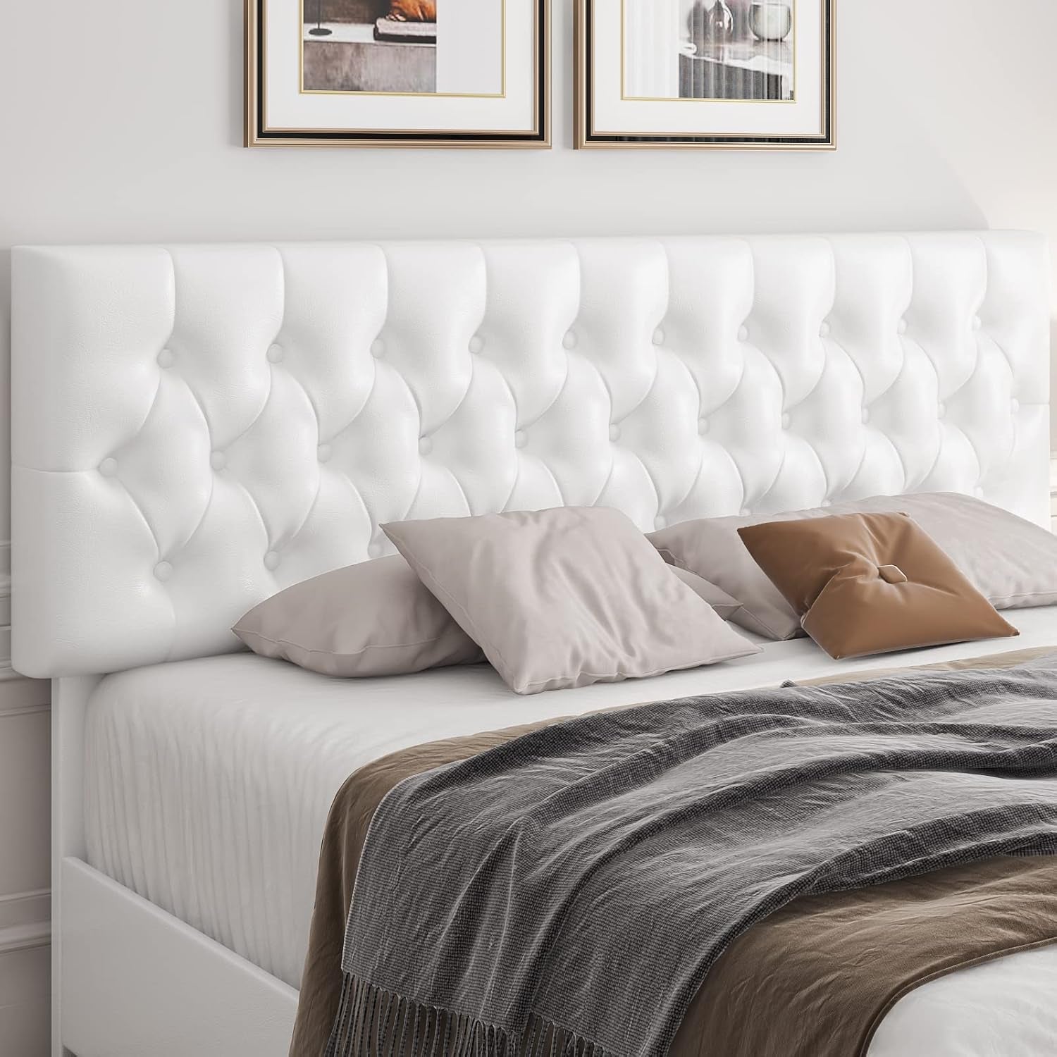 Modern Upholstered Bed Frame with 4 Drawers, Button Tufted Headboard Design, Solid Wooden Slat Support, Easy Assembly, Queen Size, White