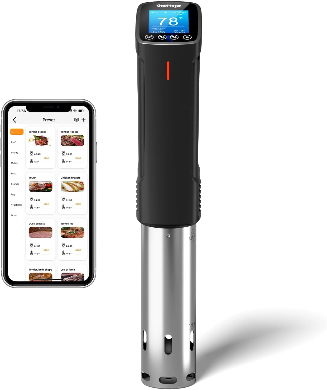 Sous Vide Machine CSV-100-W, 2.4G Wifi Sous Vide Cooker 1000 Wattts Sous-Vide Cooker Immersion Circulator with 14 Preset Recipes, Calibration Function,Fast-Heating with Timer,