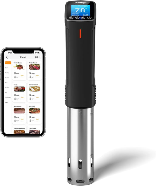 Sous Vide Machine CSV-100-W, 2.4G Wifi Sous Vide Cooker 1000 Wattts Sous-Vide Cooker Immersion Circulator with 14 Preset Recipes, Calibration Function,Fast-Heating with Timer,