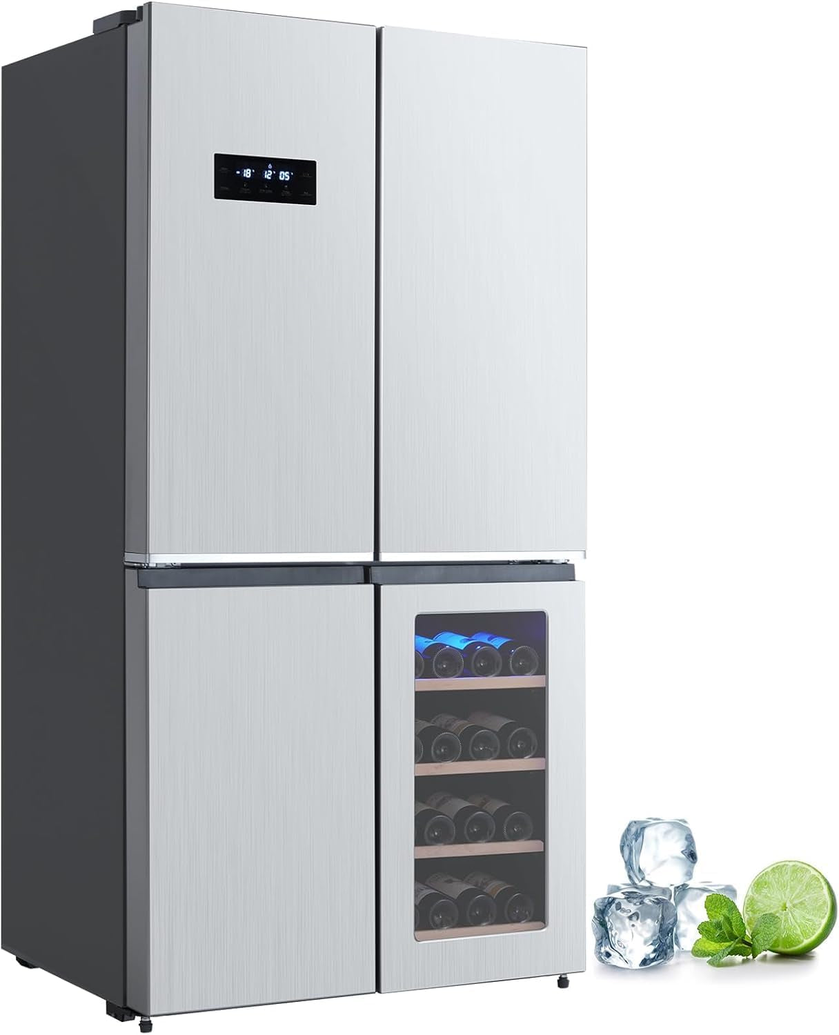 36-Inch French Door Refrigerator, 21 Cu.Ft. Counter-Depth 4-Door Design with Bottom Freezer & Wine Storage, Stainless Steel Kitchen Refrigerator with Adjustable Shelves