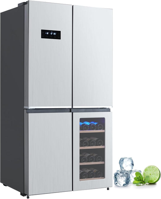 36-Inch French Door Refrigerator, 21 Cu.Ft. Counter-Depth 4-Door Design with Bottom Freezer & Wine Storage, Stainless Steel Kitchen Refrigerator with Adjustable Shelves