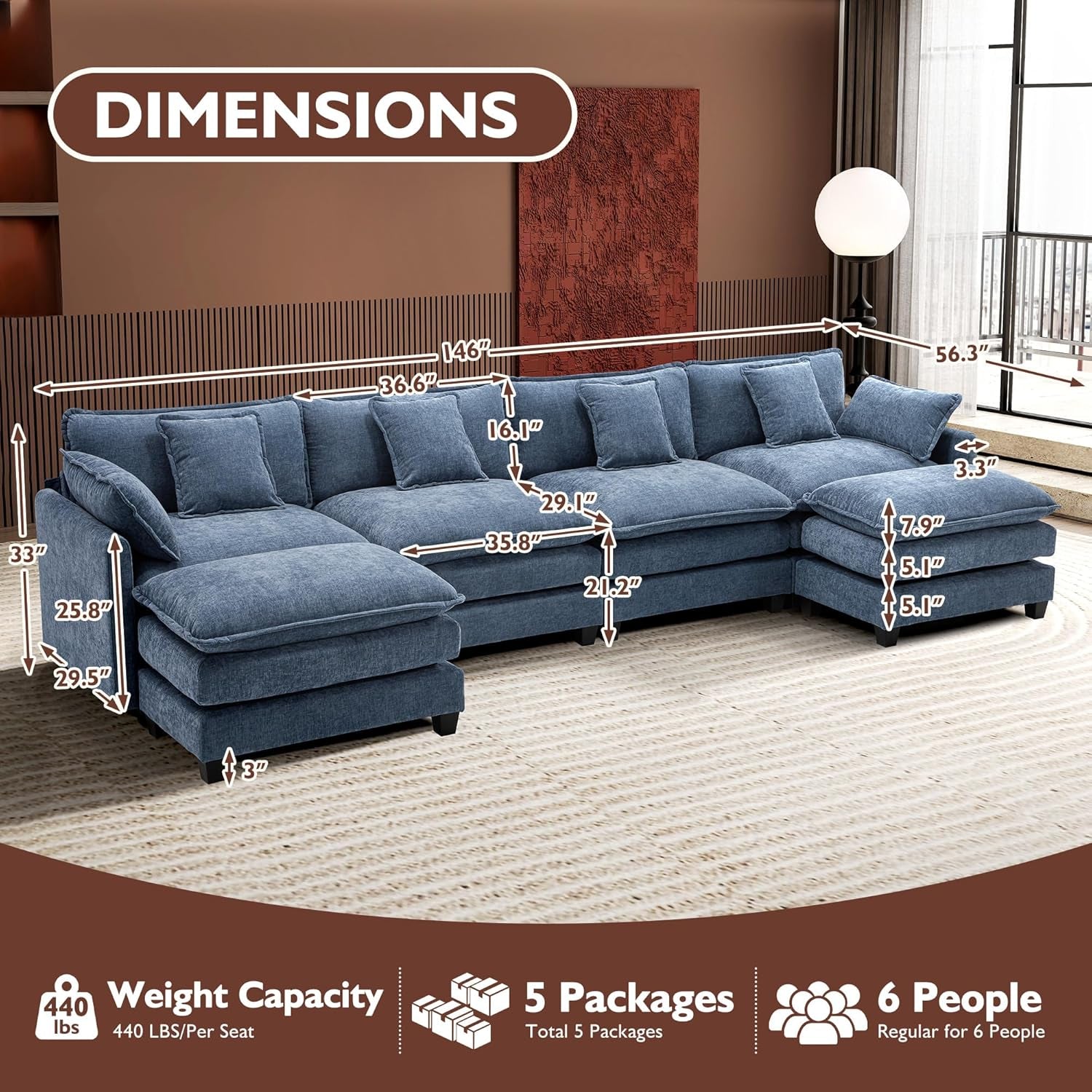 146" U-Shaped Modern Sofa Modular Sectional Cloud Couch with 2 Ottoman, 6-Seat Chenille Deep Seat Sofa with 6 Pillows for Living Room, Bedroom and Apartment, Blue