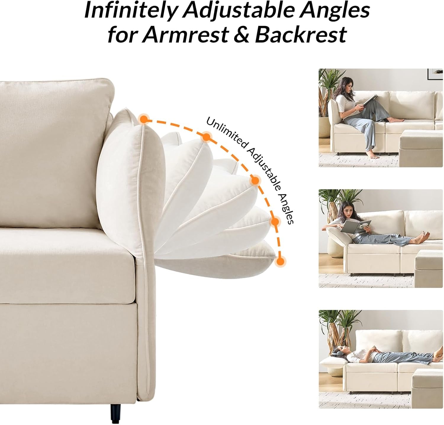 Modular Sectional Sofa with Adjustable Armrest and Backrest, Oversized L Shaped Couch with Storage Ottoman and Deep Seat, 4 Seater Cloud Couch for Living Room Bedroom, Beige