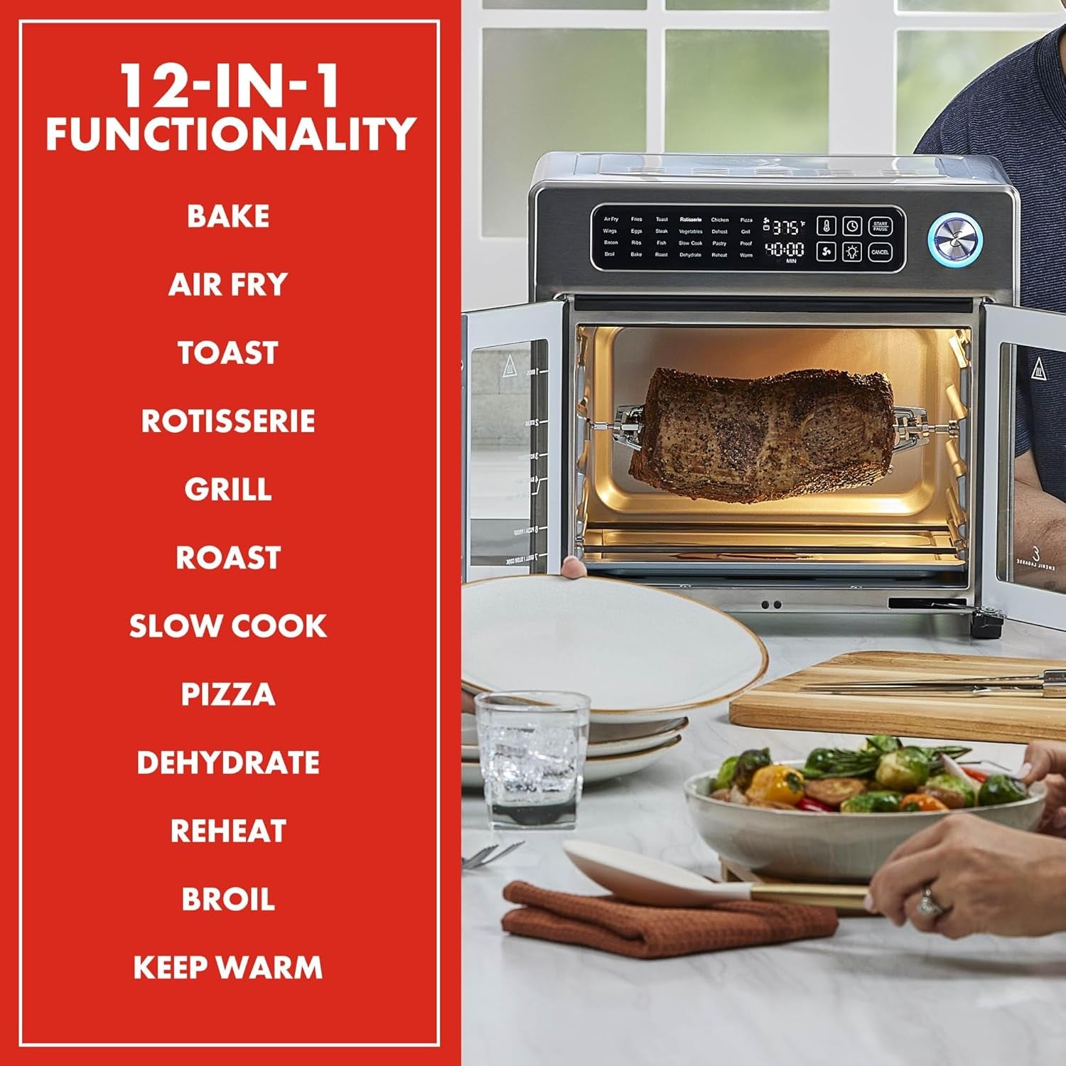 Extra Large French Door Air Fryer Toaster Oven Combo, 24 Cooking Functions and Digital Controls, 7 Accessories Included, Stainless Steel Finish, 26QT Capacity
