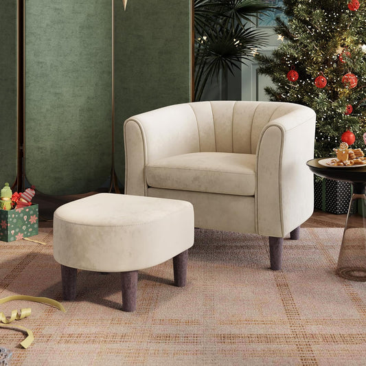 Accent Chair with Ottoman, Modern Armchair Comfy Barrel Reading Chair with Footrest for Living Room Bedroom Reading Room, Velvet, Beige