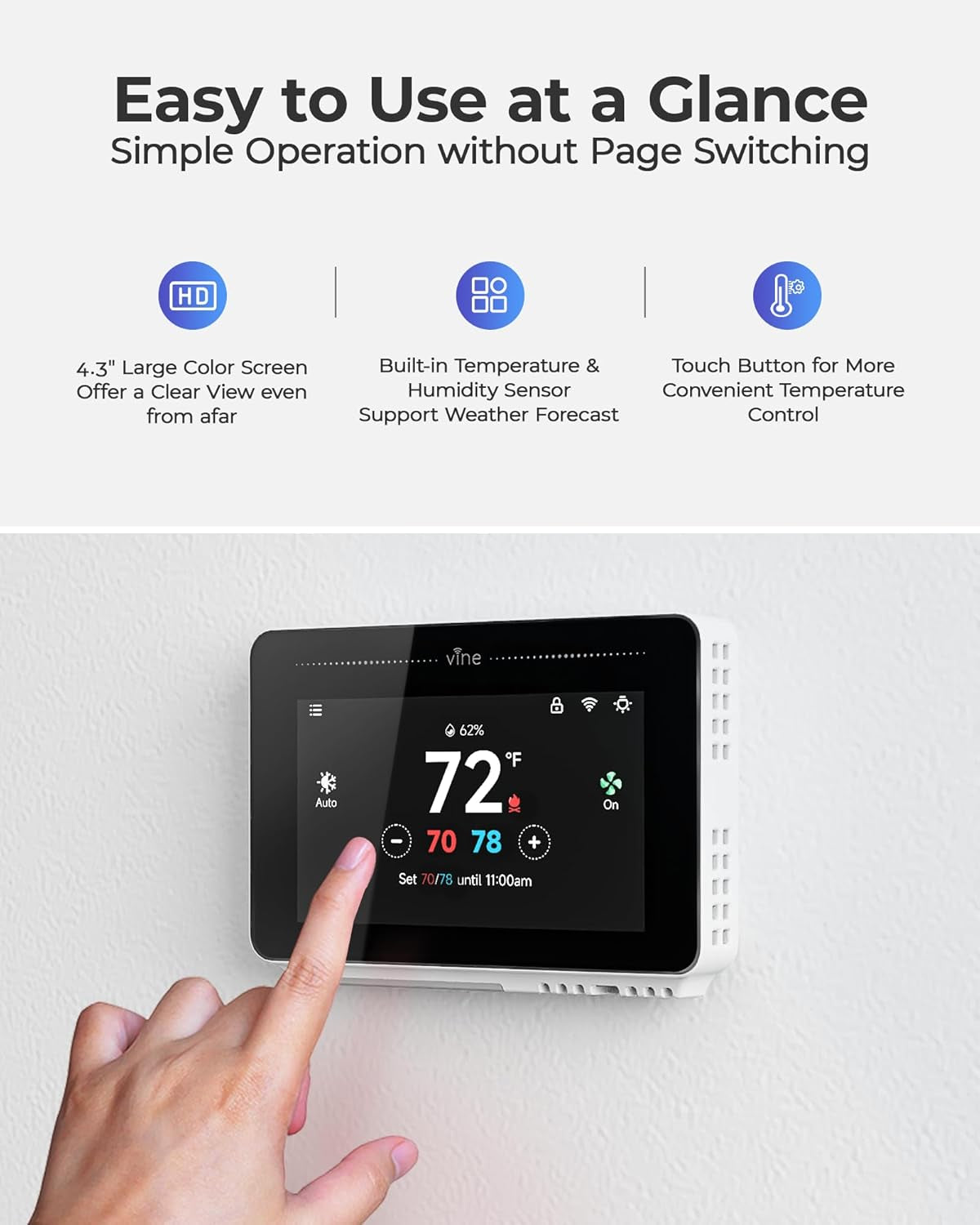 Smart Thermostat for House with Nightlight, 4.3 Inches Wifi Thermostats for Home Compatible with Alexa and Google Assistant, 7Day X 8Period Programmable, C-Wire Required