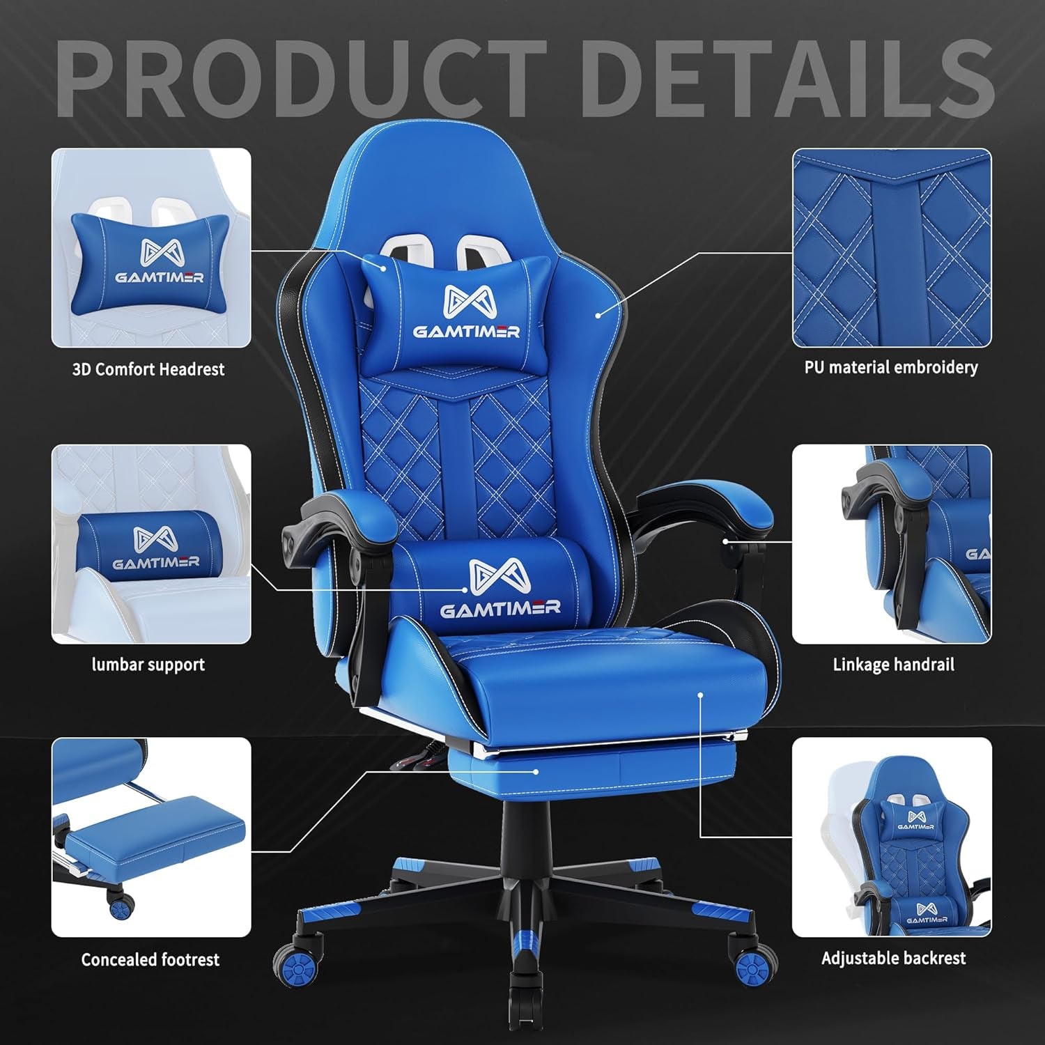 Gaming Chair, 400 Lbs Adult Chair, High Back Computer Chair with Footrest and Linked Armrests, Office Video Game Chair with Lumbar Support (Blue)
