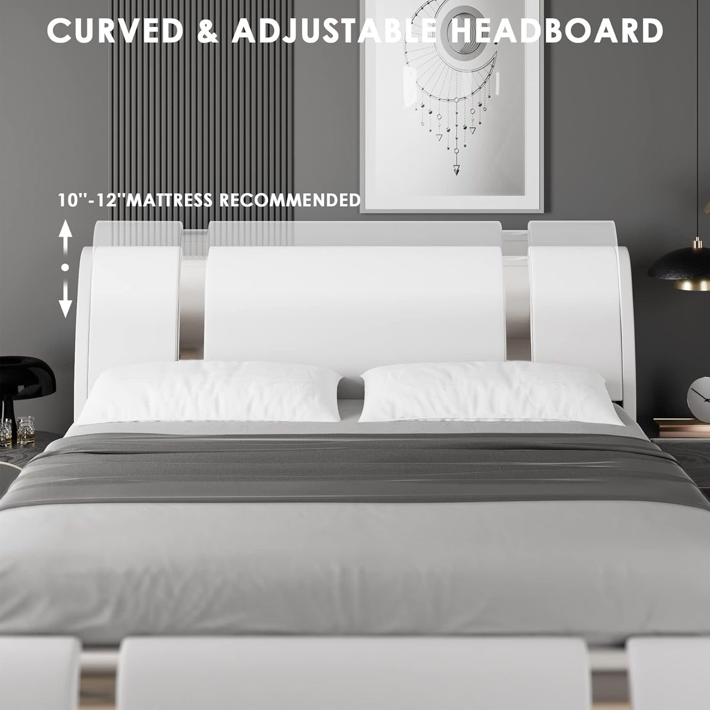 Modern Faux Leather Upholstered Platform Bed Frame with Iron Metal Decor, Adjustable Curved Headboard, Wooden Slats Support, No Box Spring Needed, Queen Size, White