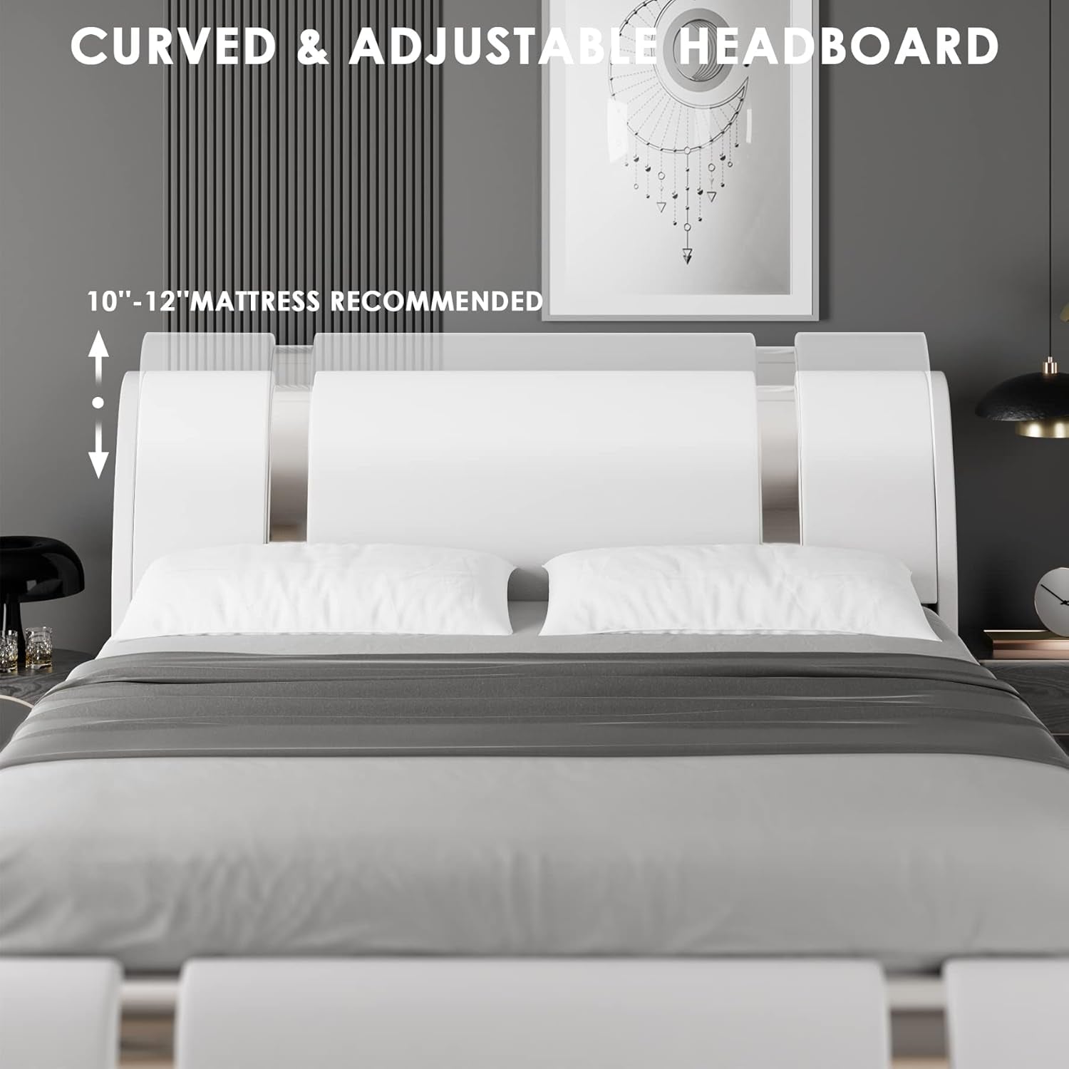 Modern Faux Leather Upholstered Platform Bed Frame with Iron Metal Decor, Adjustable Curved Headboard, Wooden Slats Support, No Box Spring Needed, Queen Size, White