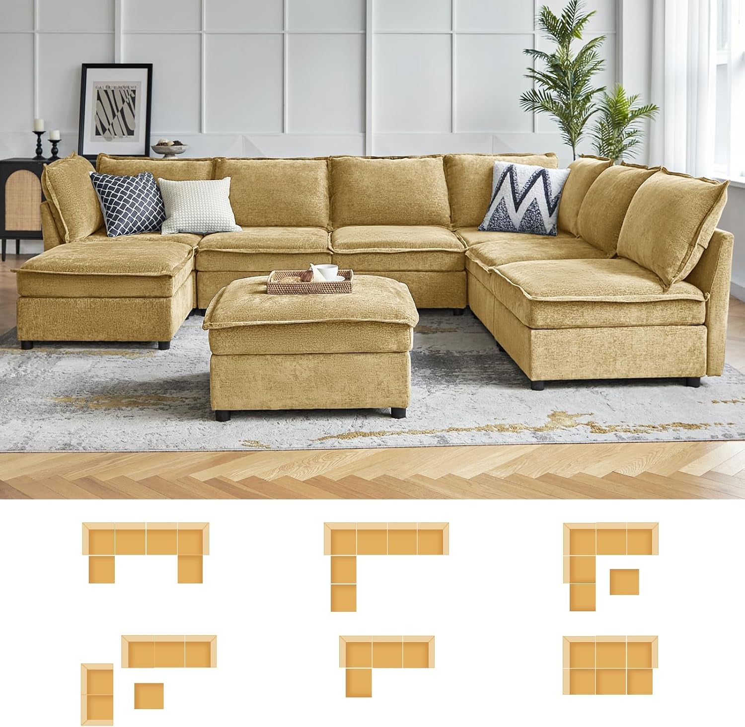 Oversized Modular Sectional Sofa, 8 Seat U Shaped Couch with Storage Ottoman, Comfy Chenille Sofa with Deep Seat, Convertible Sectional Couches for Living Room, Cream