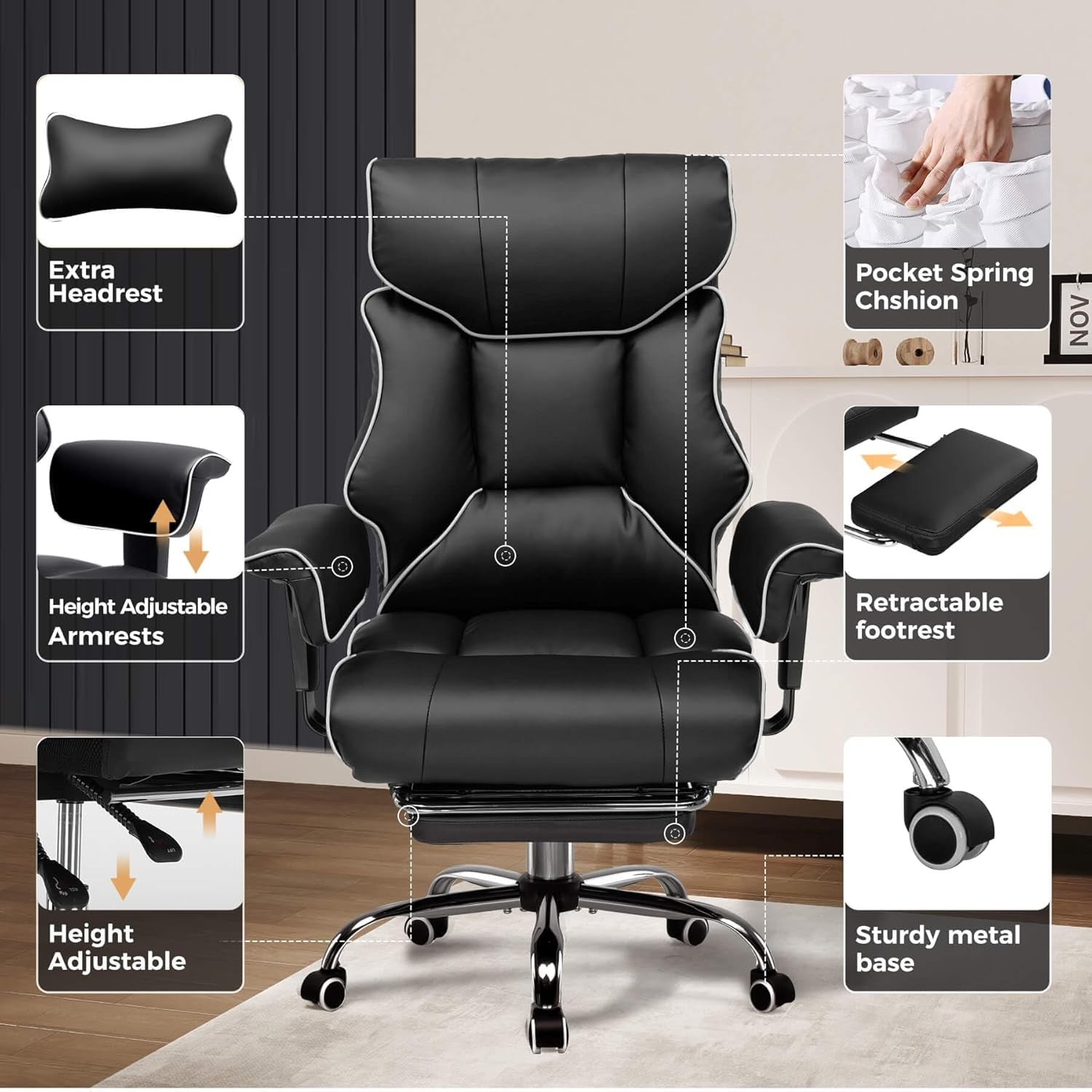 Big and Tall Office Chair 400Lbs High Back Gaming Chair with Ergonomic Lumbar Support & Pocket Spring Cushion for Lower Back Pain Relief, Leather Executive Chair with Foot Rest, White/Black