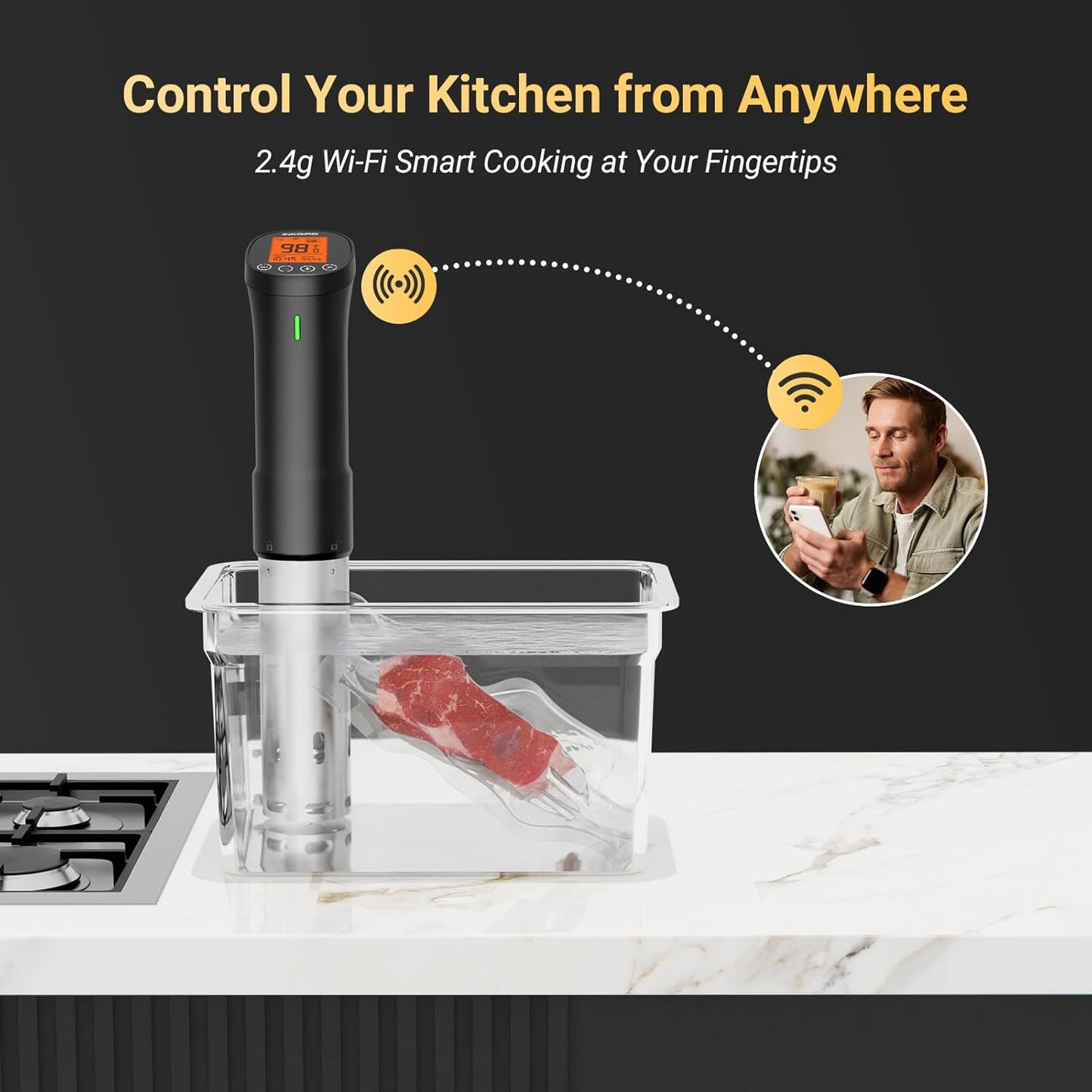 2.4G WIFI Sous Vide Cooker  Sous Vide Machine with APP Control, 1000 Watts Immersion Circulator with APP Recipes Timer Alarm Mobile Notification, 3D Water Fast Heating Ultra-Quiet
