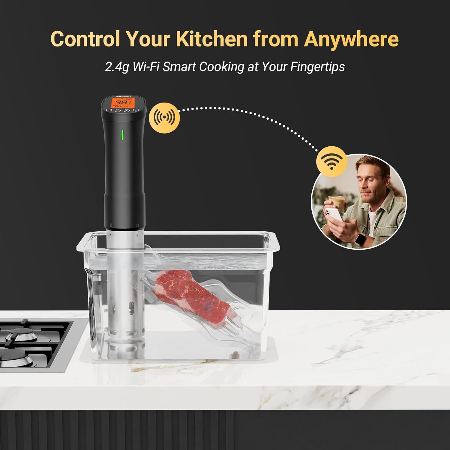 2.4G WIFI Sous Vide Cooker  Sous Vide Machine with APP Control, 1000 Watts Immersion Circulator with APP Recipes Timer Alarm Mobile Notification, 3D Water Fast Heating Ultra-Quiet