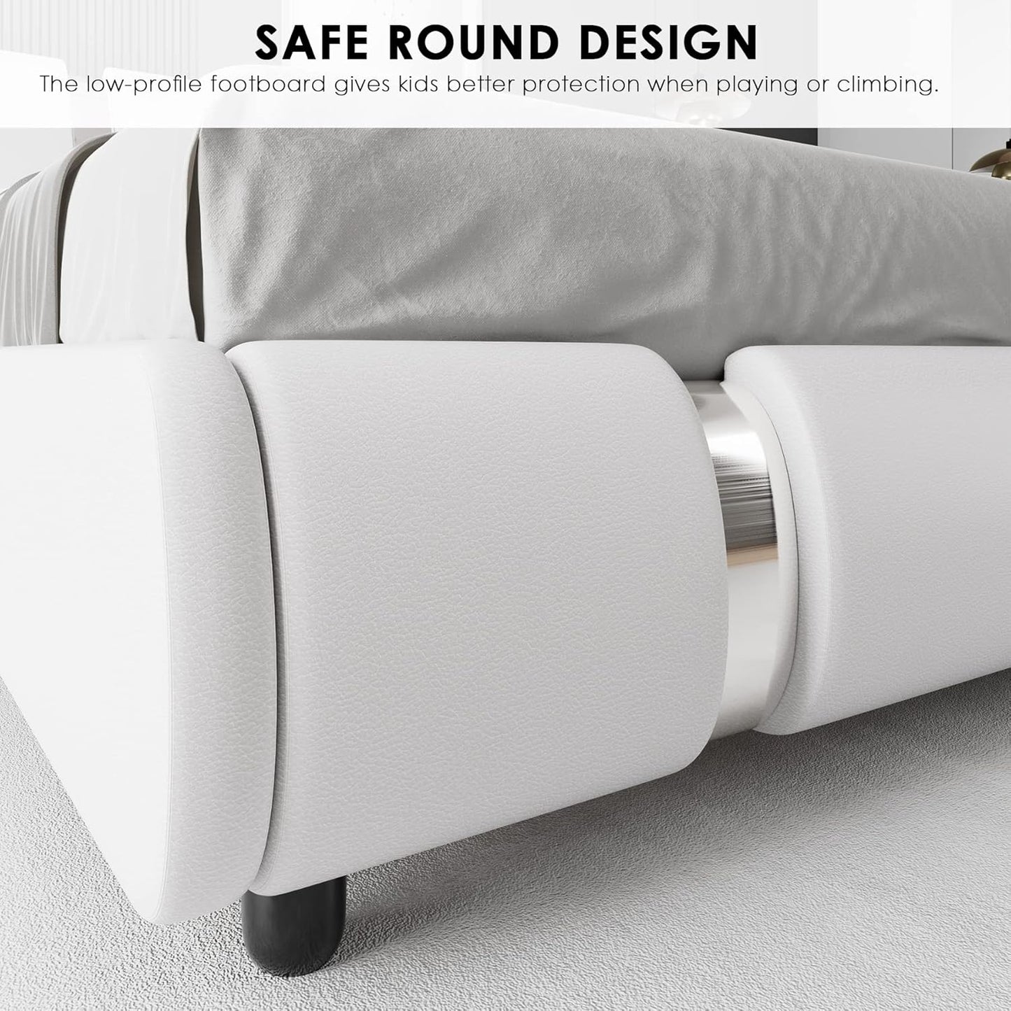 Modern Faux Leather Upholstered Platform Bed Frame with Iron Metal Decor, Adjustable Curved Headboard, Wooden Slats Support, No Box Spring Needed, Queen Size, White