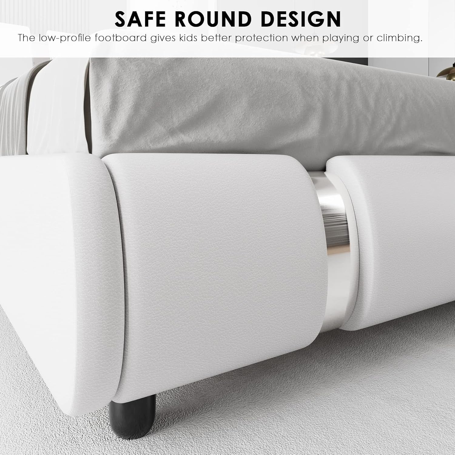 Modern Faux Leather Upholstered Platform Bed Frame with Iron Metal Decor, Adjustable Curved Headboard, Wooden Slats Support, No Box Spring Needed, Queen Size, White