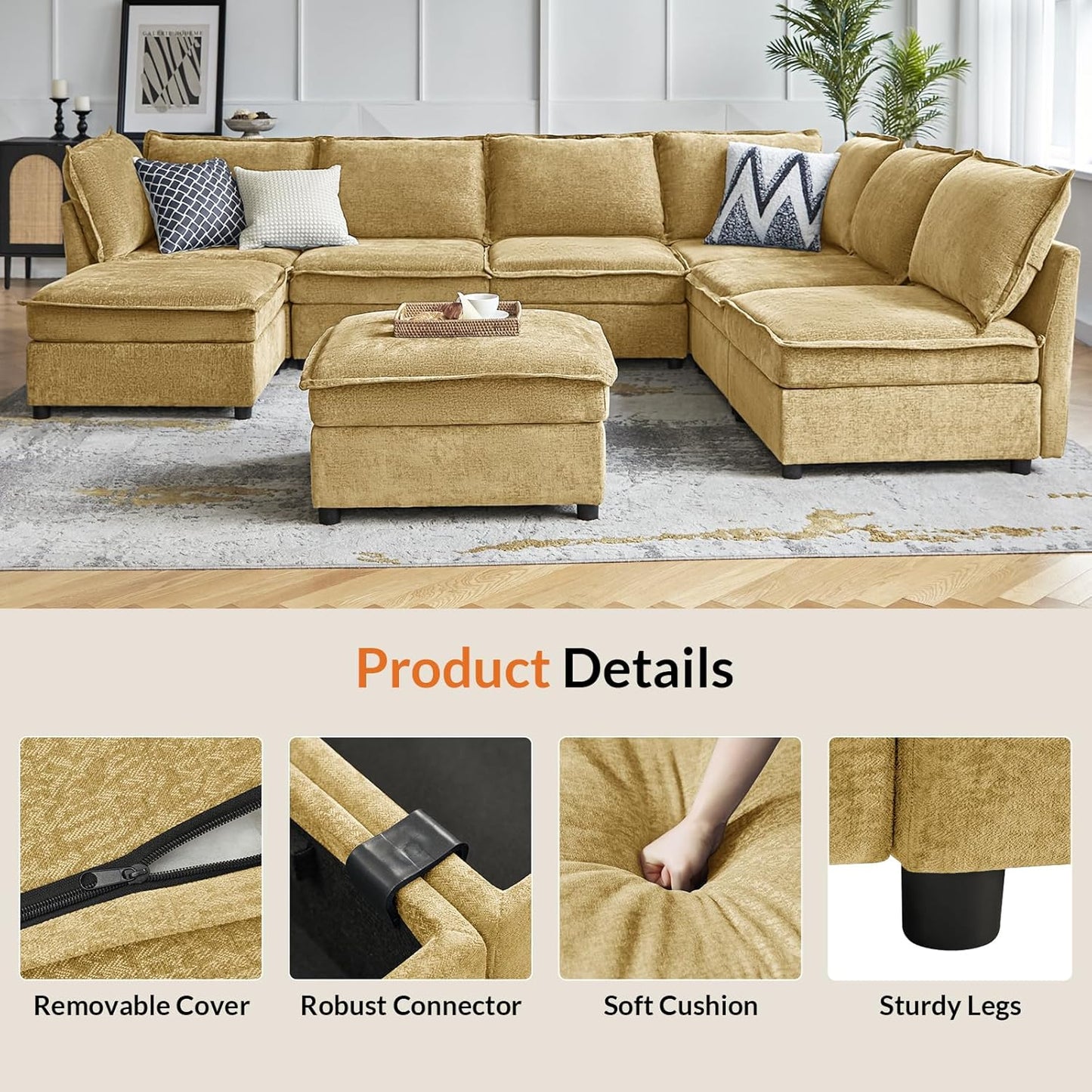 Oversized Modular Sectional Sofa, 8 Seat U Shaped Couch with Storage Ottoman, Comfy Chenille Sofa with Deep Seat, Convertible Sectional Couches for Living Room, Cream