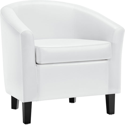 White Leather Chair, Faux Leather Accent Chair, Modern Barrel Chair Comfy Club Chair with Soft Padded and Solid Legs for Living Room Bedroom Reception Room, White