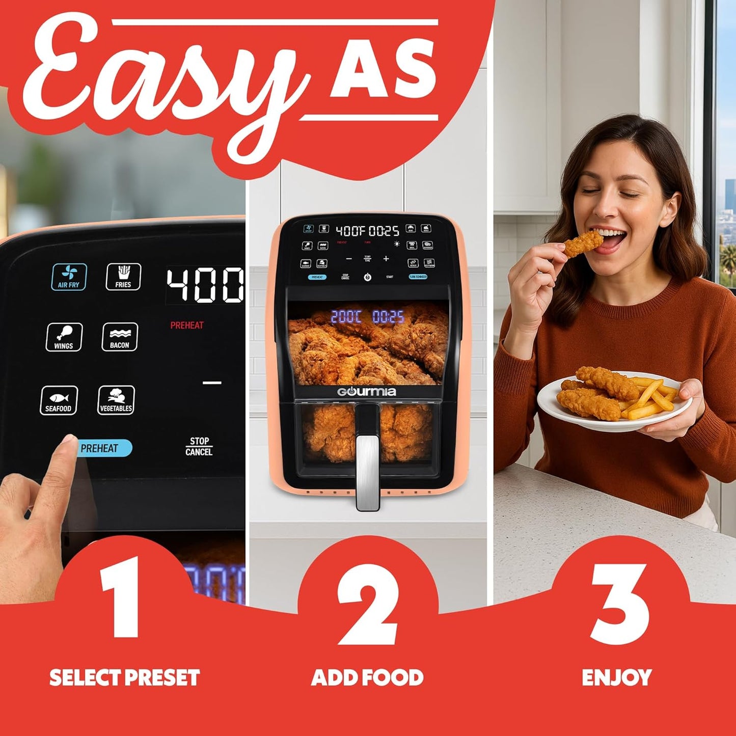 Air Fryer 7 QT - Easy View Panoramic Window & Interior Light, Guided Cooking with 12 One-Touch Presets, Fryforce 360, Dishwasher Safe Accessories, Peach