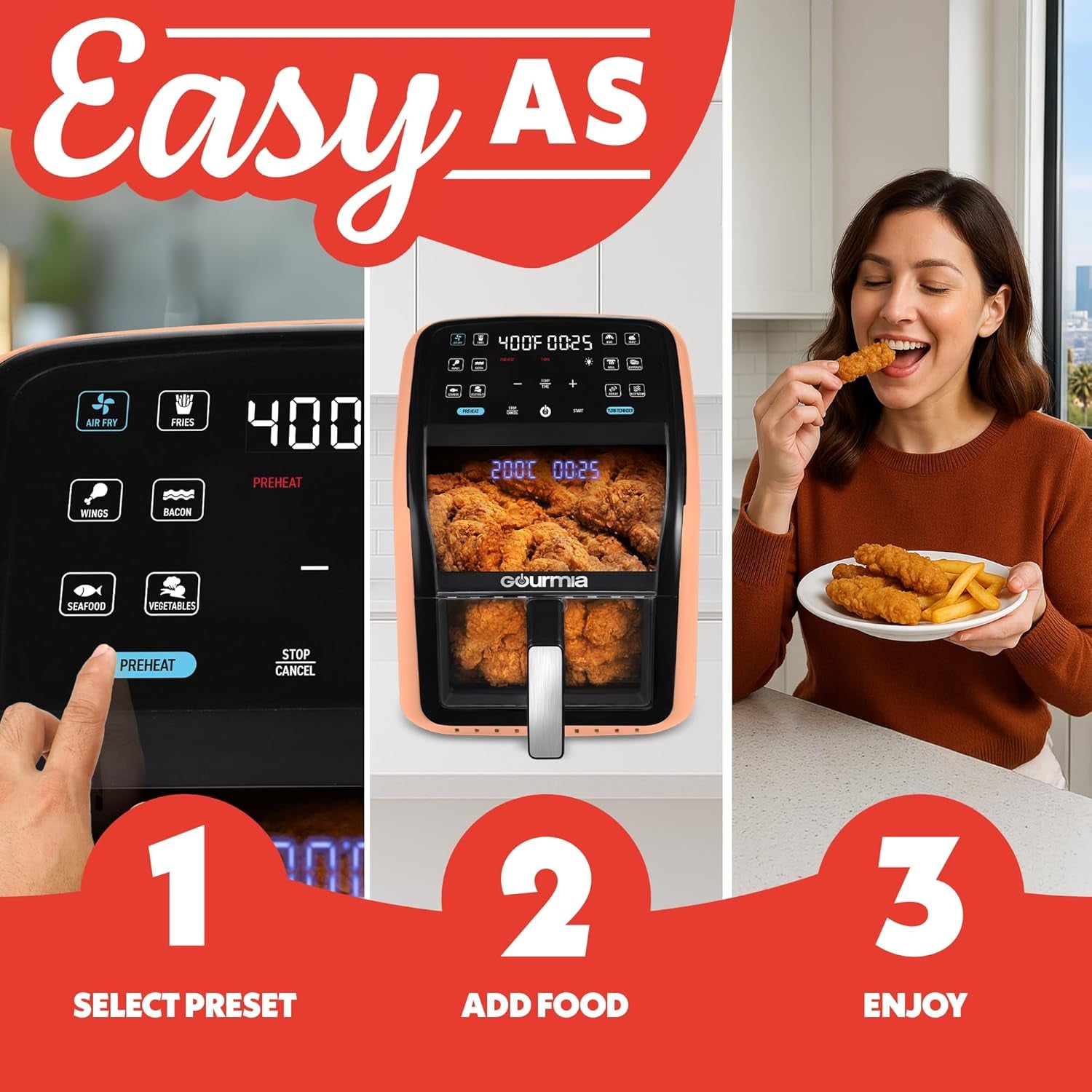 Air Fryer 7 QT - Easy View Panoramic Window & Interior Light, Guided Cooking with 12 One-Touch Presets, Fryforce 360, Dishwasher Safe Accessories, Peach