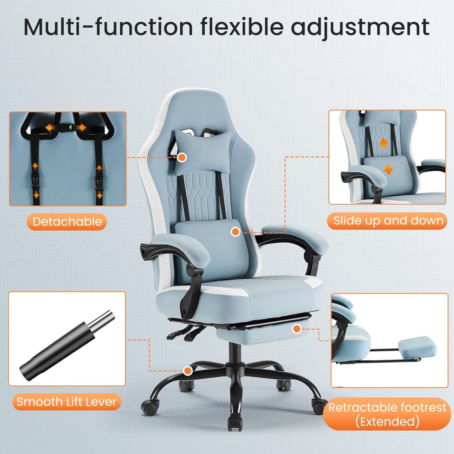 Computer Gaming Chair - High Back Ergonomic Desk Chair with Footrest and Lumbar Support, Height Adjustable Task Chair with Linkage Armrests and Headrest, 360° Swivel Wheels, Blue