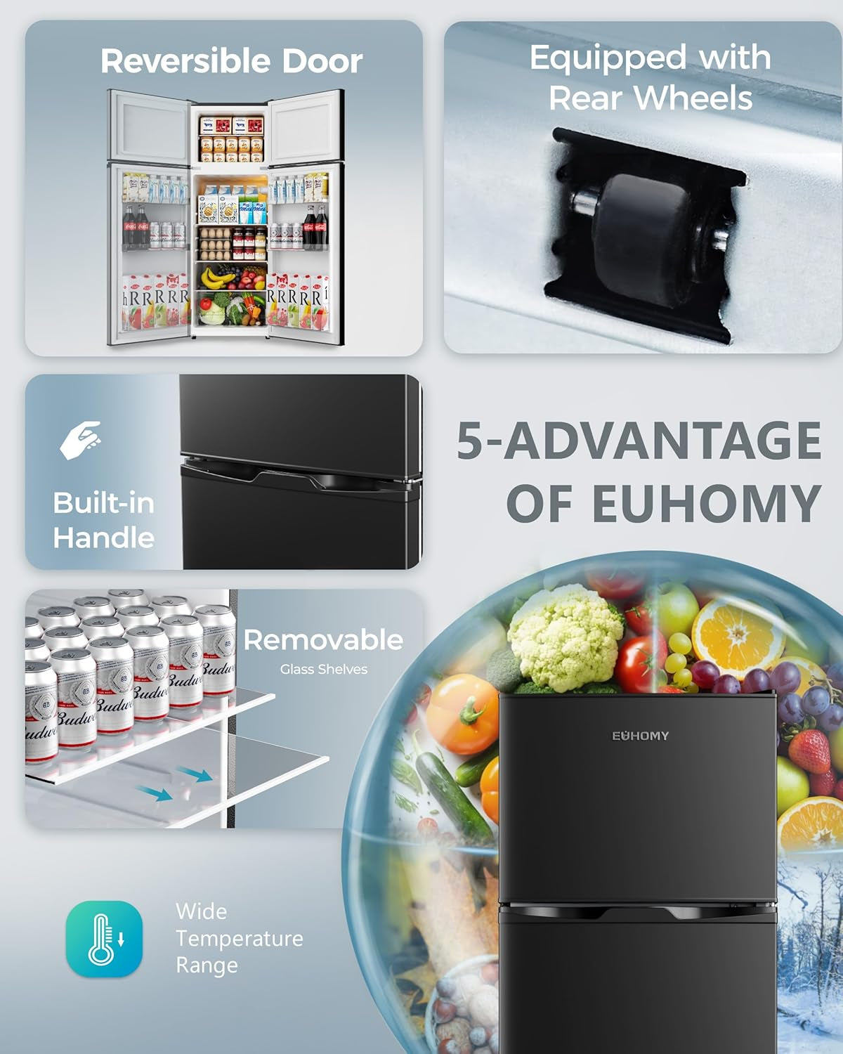 7.4 Cu.Ft. Refrigerator with Freezer, 2 Door Fridge, Large Capacity,Adjustable Thermostat, Refrigerator for Kitchen/Dorm/Apartment/Garage - Food Storage or Cooling Drinks, Black