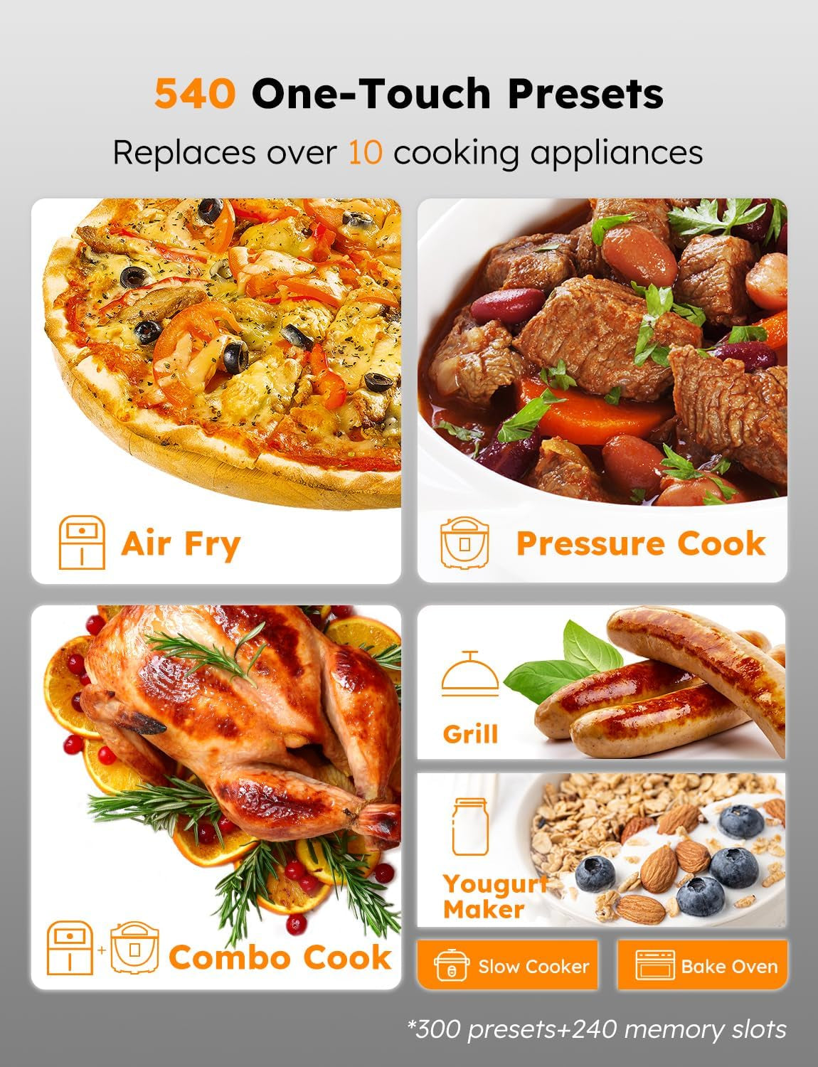 Duet Air Fryer, Electric Pressure Cooker & Grill Combo, 540 in 1 Multicooker with 3 Removable Lids, Slow Cook, Sautés, Dehydrator, 18/10 SS Pot, Sure-Lock Safety Tech & 13 Deluxe Accessories