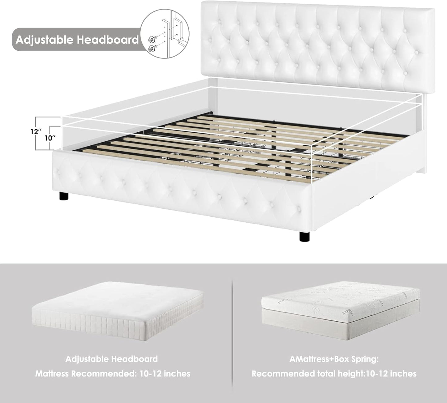 Modern Upholstered Bed Frame with 4 Drawers, Button Tufted Headboard Design, Solid Wooden Slat Support, Easy Assembly, Queen Size, White