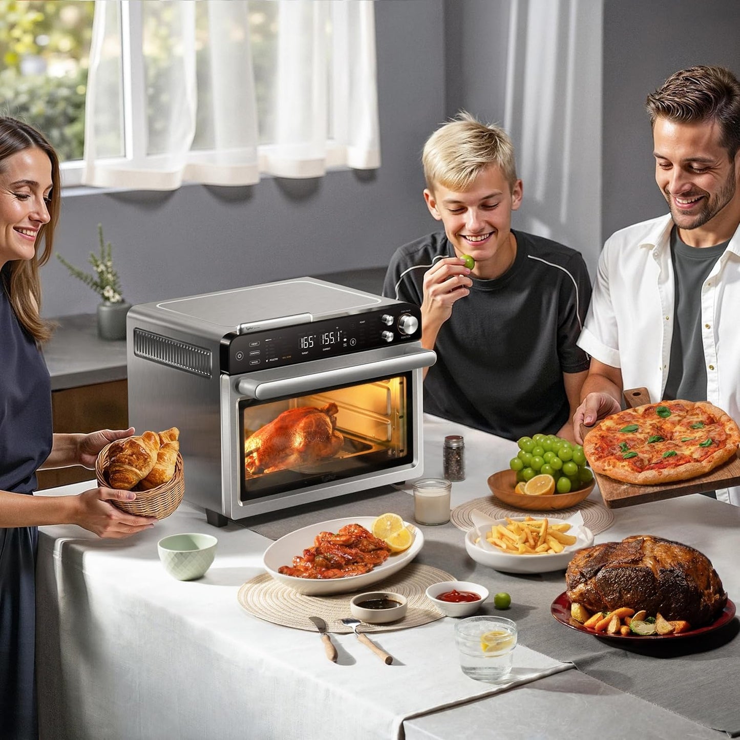 Sync Oven with Smart Wireless Meat Thermometer Probe, 12‑In‑1 Countertop Air Fryer Toaster Oven Combo, 360° Turbo Convection, Dehydrator, Recipes & 5 Accessories, Large 27QT, Stainless Steel