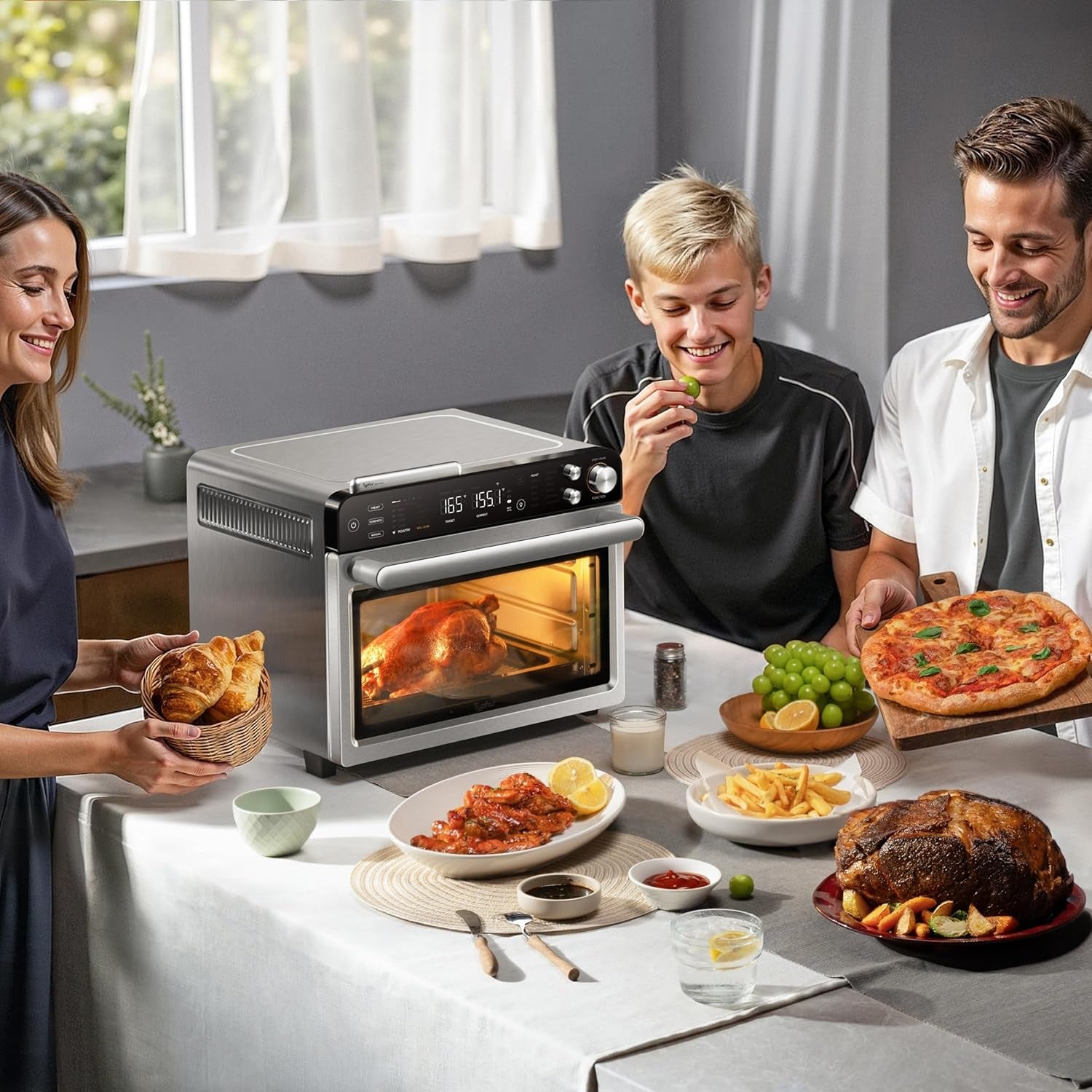 Sync Oven with Smart Wireless Meat Thermometer Probe, 12‑In‑1 Countertop Air Fryer Toaster Oven Combo, 360° Turbo Convection, Dehydrator, Recipes & 5 Accessories, Large 27QT, Stainless Steel