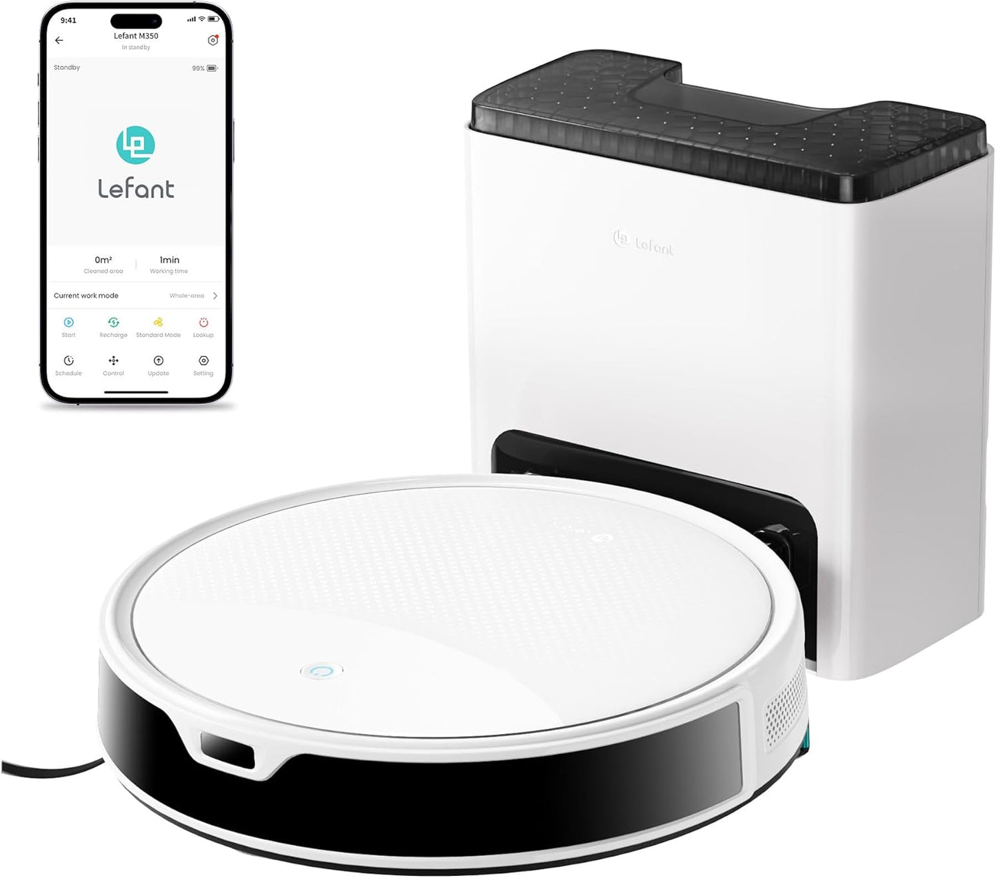 M350 Robot Vacuum and Mop Combo, 40-Day Self-Emptying, 190° PSD Obstacle Avoidance,6000Pa Suction，Quiet,Smart Navigation,Self-Charging, for Hard Floor, Carpet, Pet Hair,150 Min Runtime.White