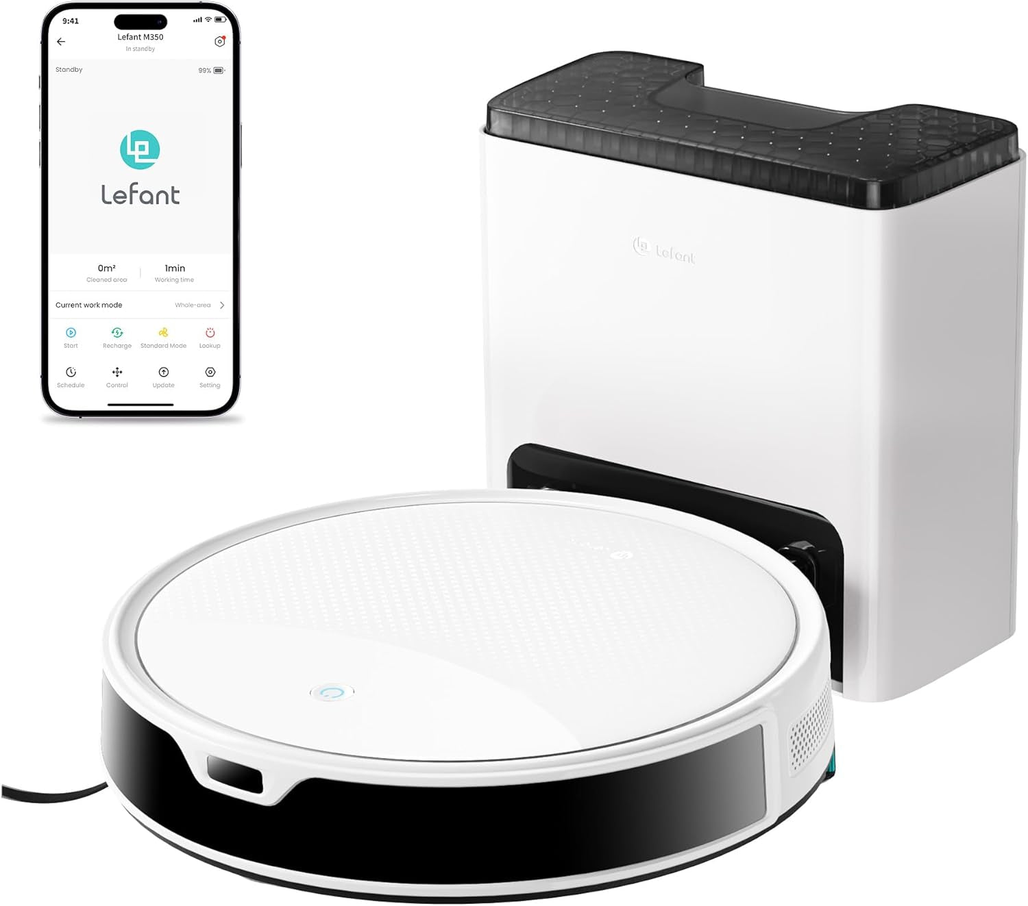 M350 Robot Vacuum and Mop Combo, 40-Day Self-Emptying, 190° PSD Obstacle Avoidance,6000Pa Suction，Quiet,Smart Navigation,Self-Charging, for Hard Floor, Carpet, Pet Hair,150 Min Runtime.White