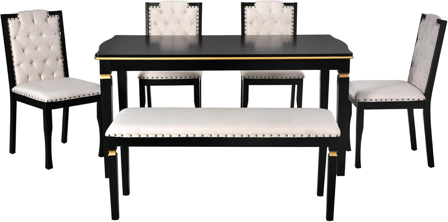 6-Piece Dining Table Set, 60" Solid Wood Rectangular Table with 4 Upholstered Chairs and 1 Bench, Modern Farmhouse for Kitchen Room, Black