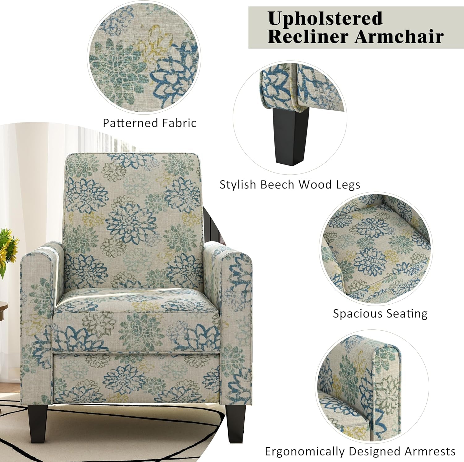 Kenley Modern Fabric Upholstered Push Back Recliner Chair, Wooden Gliding Home Theater Seating, Comfy Reading Chair, Deep Seating Single Sofa Accent Chair, Mixed Blue