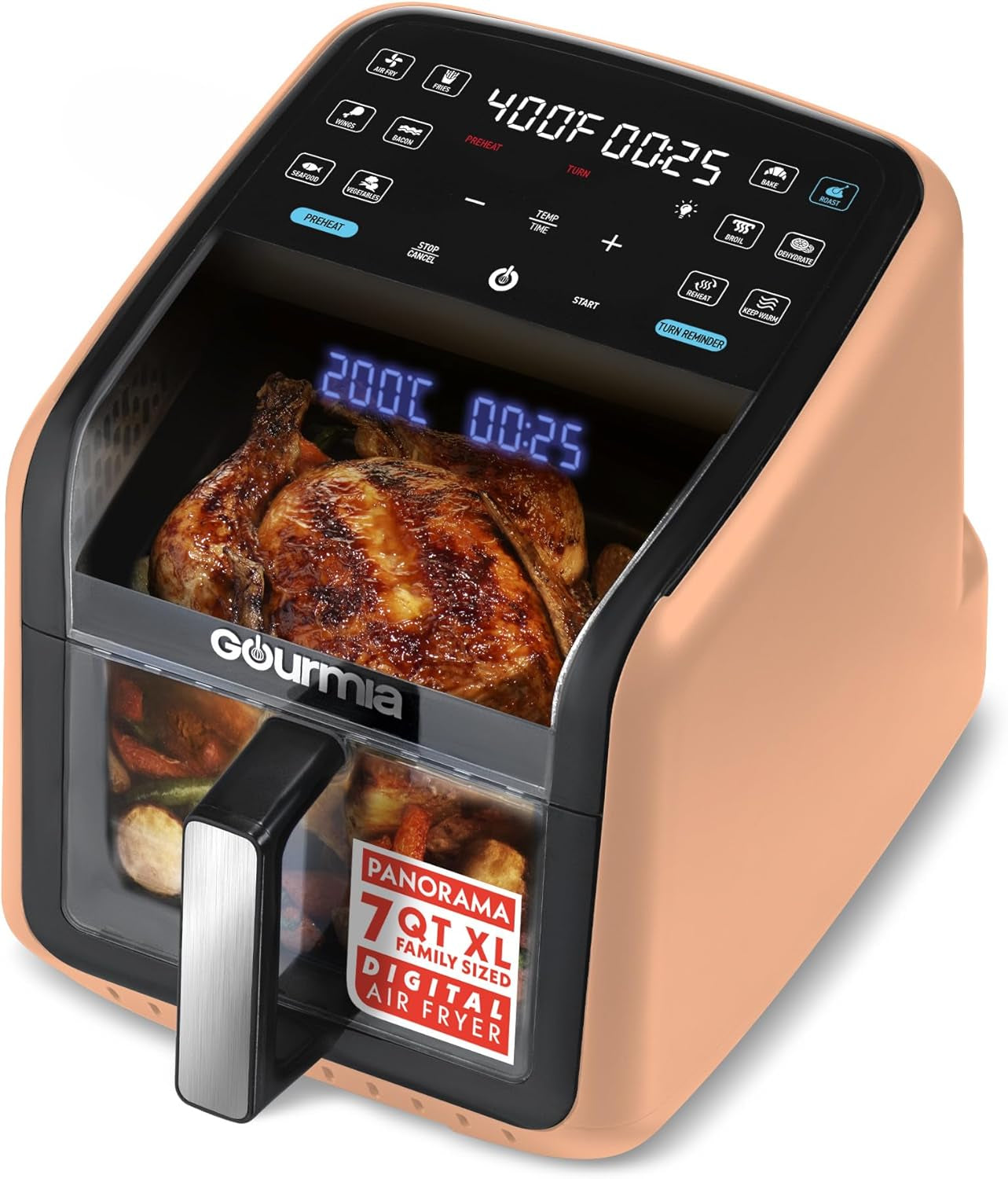 Air Fryer 7 QT - Easy View Panoramic Window & Interior Light, Guided Cooking with 12 One-Touch Presets, Fryforce 360, Dishwasher Safe Accessories, Peach