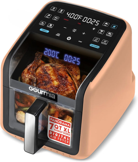 Air Fryer 7 QT - Easy View Panoramic Window & Interior Light, Guided Cooking with 12 One-Touch Presets, Fryforce 360, Dishwasher Safe Accessories, Peach