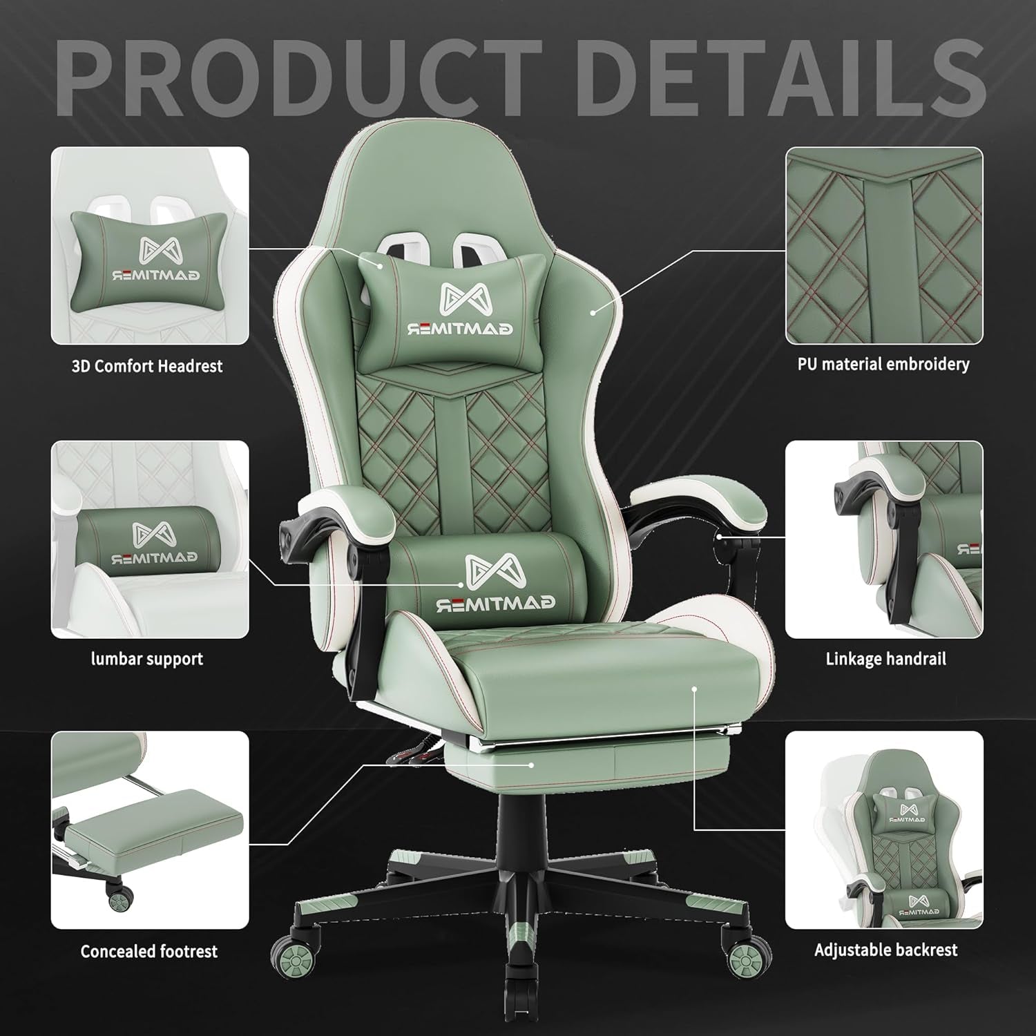 Gaming Chair, 400 Lbs Adult Chair, High Back Computer Chair with Footrest and Linked Armrests, Office Video Game Chair with Lumbar Support (Green)