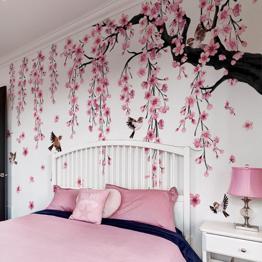 Large Cherry Blossom Tree Wall Decals Peel and Stick Pink Floral Wall Art Stickers for Living Room Bedroom Nursery Flower Decor