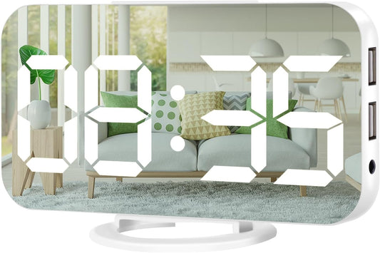 Digital Alarm Clock,Large Display LED and Mirror Desk Clock with Dual USB Charger Ports, 3 Levels Brightness,12/24H Alarm Clocks, Modern Electronic Clock for Bedroom Living Room Office - White