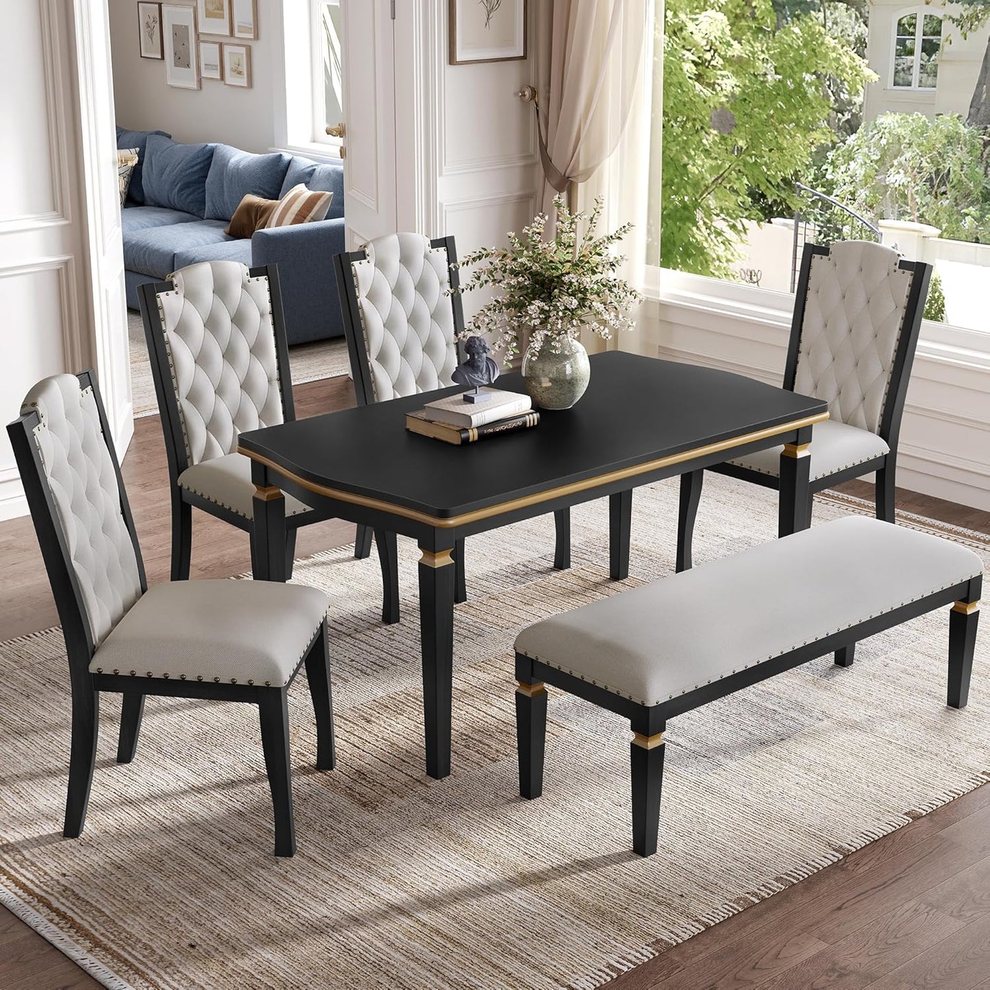 6-Piece Dining Table Set, 60" Solid Wood Rectangular Table with 4 Upholstered Chairs and 1 Bench, Modern Farmhouse for Kitchen Room, Black