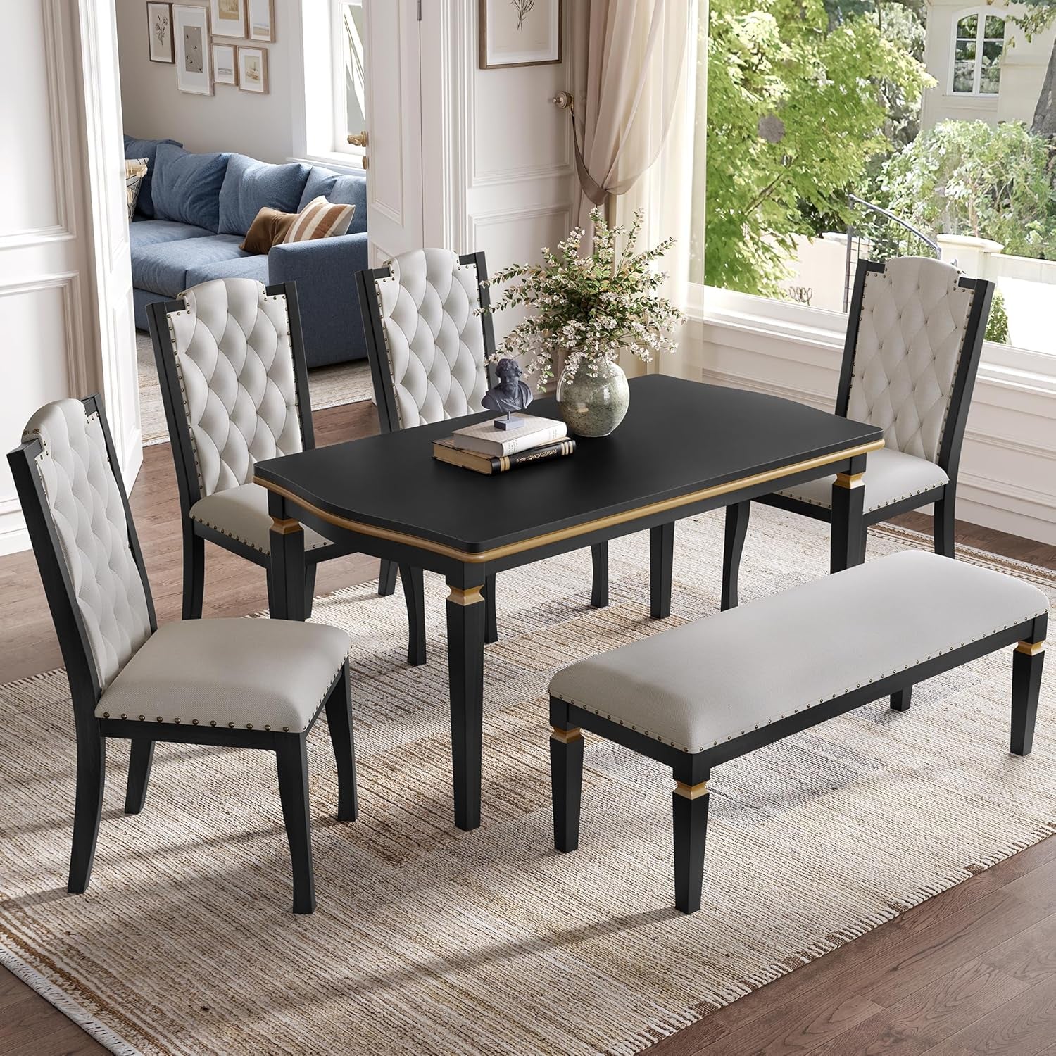 6-Piece Dining Table Set, 60" Solid Wood Rectangular Table with 4 Upholstered Chairs and 1 Bench, Modern Farmhouse for Kitchen Room, Black