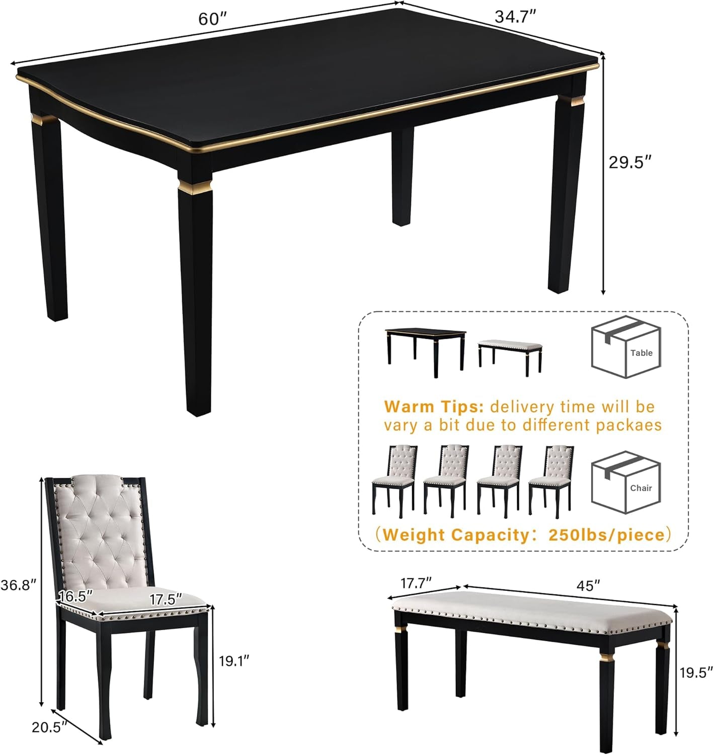 6-Piece Dining Table Set, 60" Solid Wood Rectangular Table with 4 Upholstered Chairs and 1 Bench, Modern Farmhouse for Kitchen Room, Black