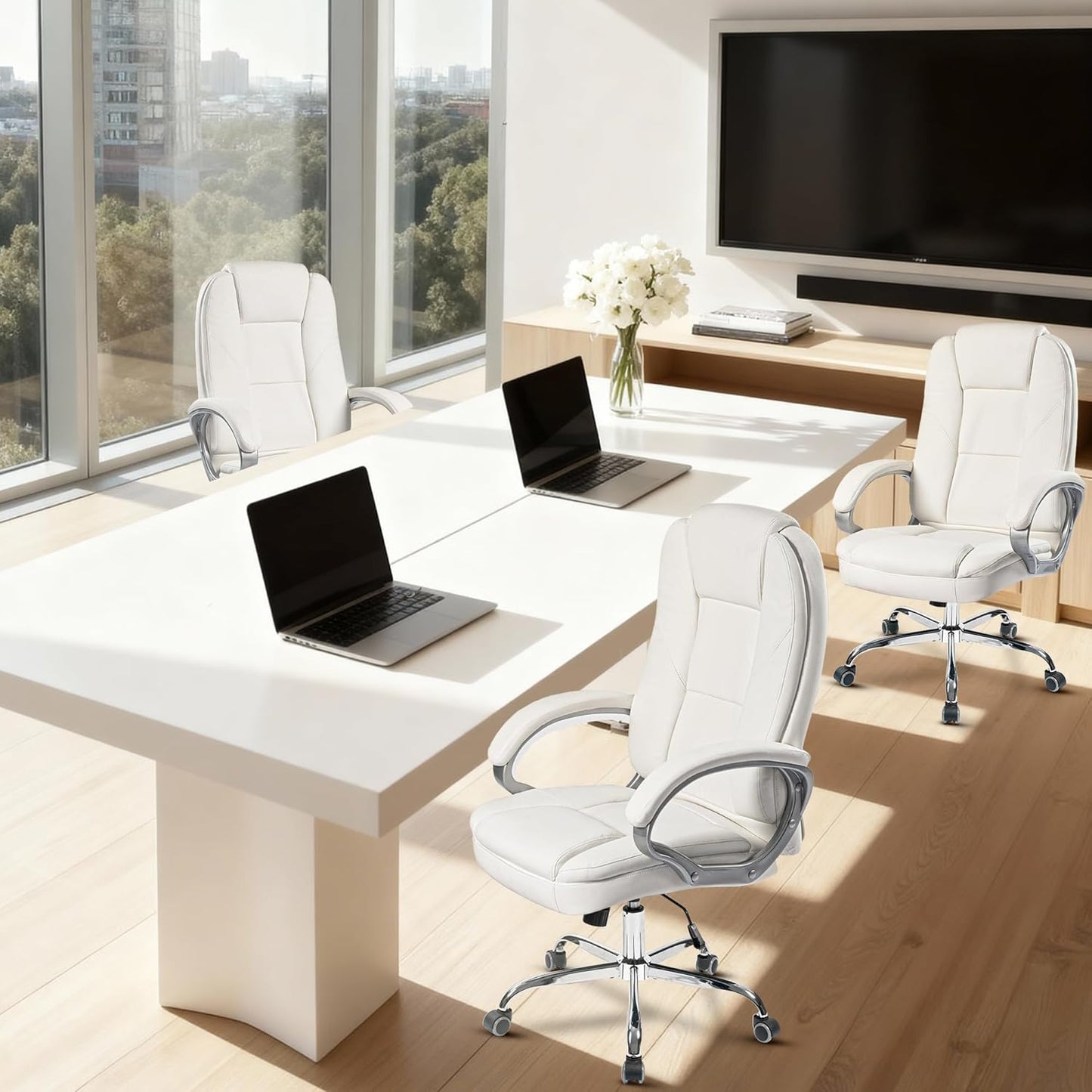 Office Desk Ergonomic Gaming Chair High Back Adjustable Computer Chair with Wheels and Lumbar Support Comfy Leather Executive Swivel (White)