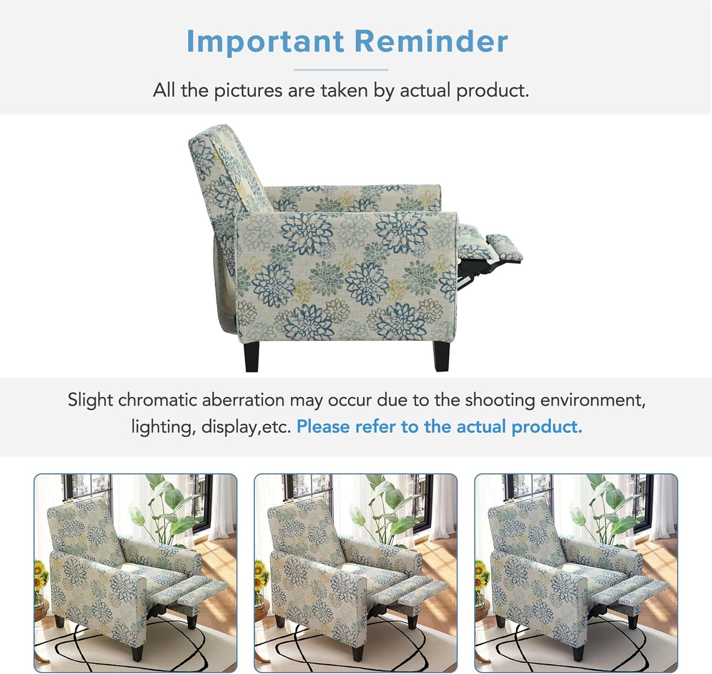 Kenley Modern Fabric Upholstered Push Back Recliner Chair, Wooden Gliding Home Theater Seating, Comfy Reading Chair, Deep Seating Single Sofa Accent Chair, Mixed Blue