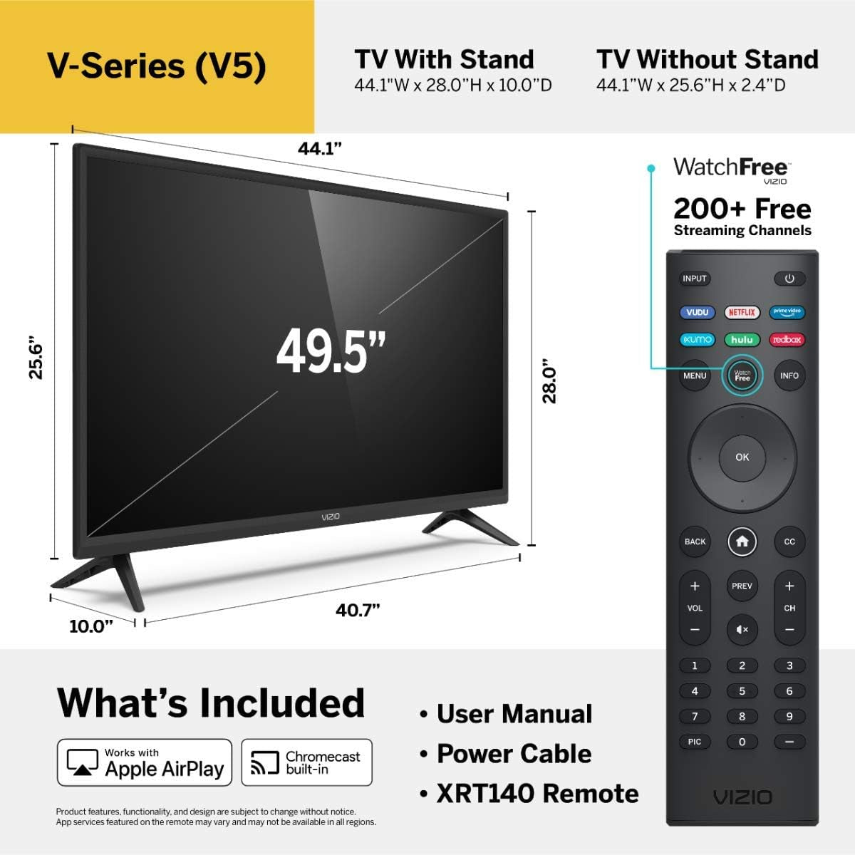 50 Inch 4K Smart TV, V-Series UHD LED HDR Television with Apple Airplay and Chromecast Built-In