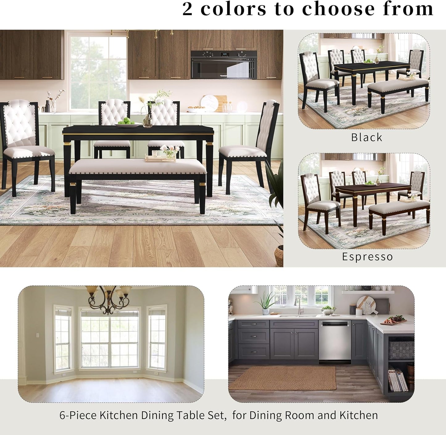 6-Piece Dining Table Set, 60" Solid Wood Rectangular Table with 4 Upholstered Chairs and 1 Bench, Modern Farmhouse for Kitchen Room, Black